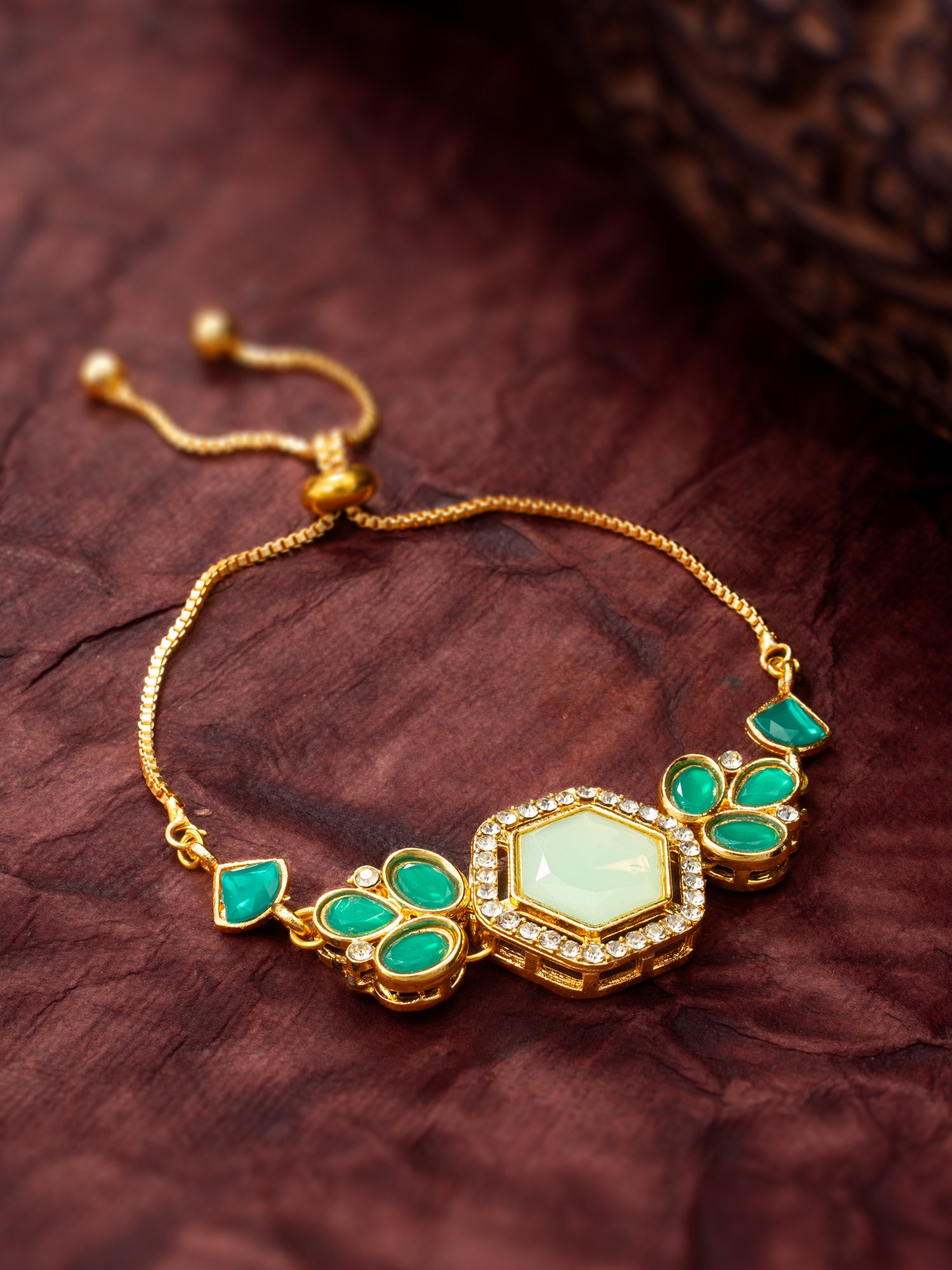 Gold Plated Hexagonal Green Stone Bracelet – View 5 | Aadita Jewelry