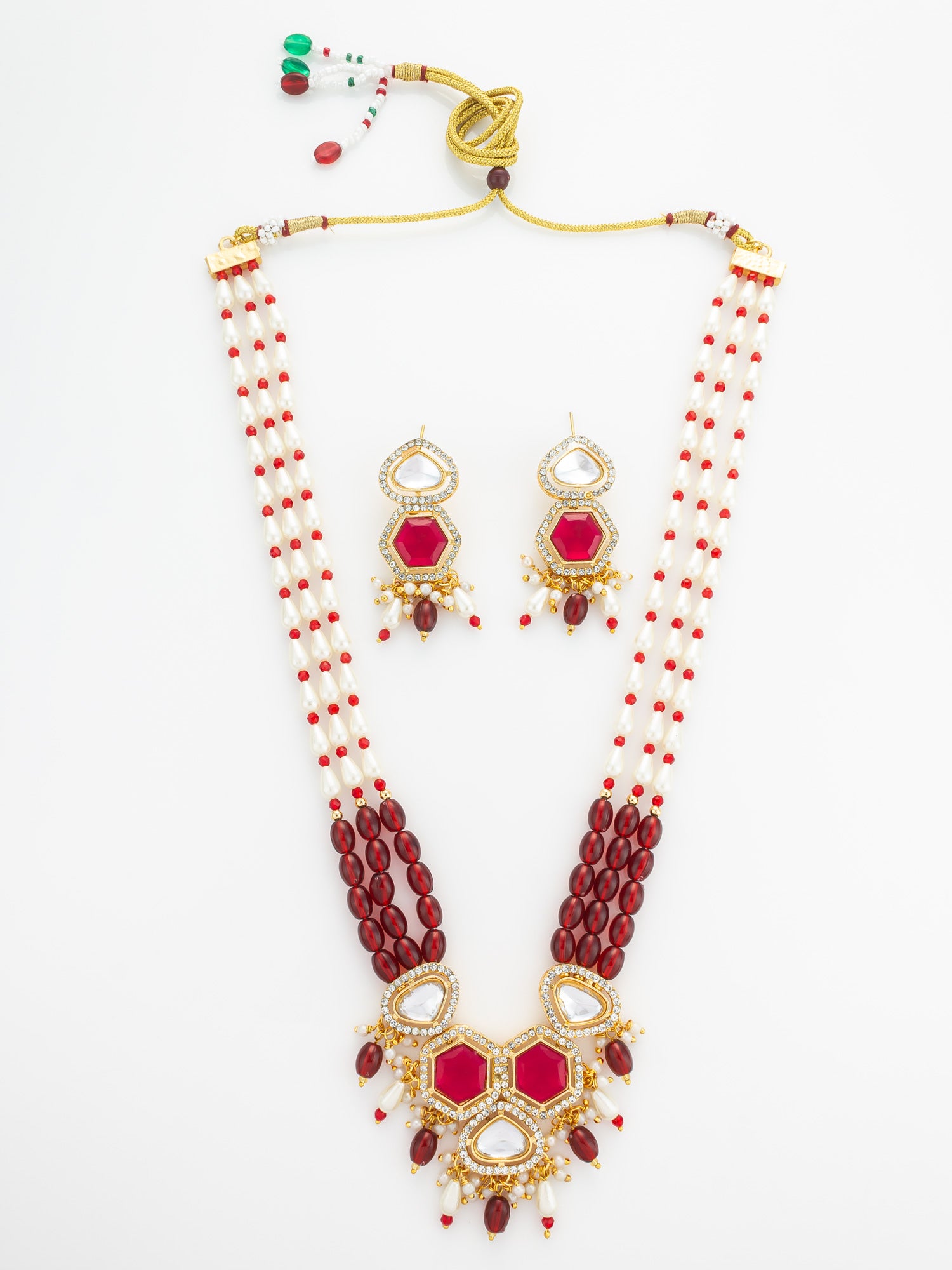 Gold Plated Long Pearl & Red Stone Necklace Set | Aadita Jewelry