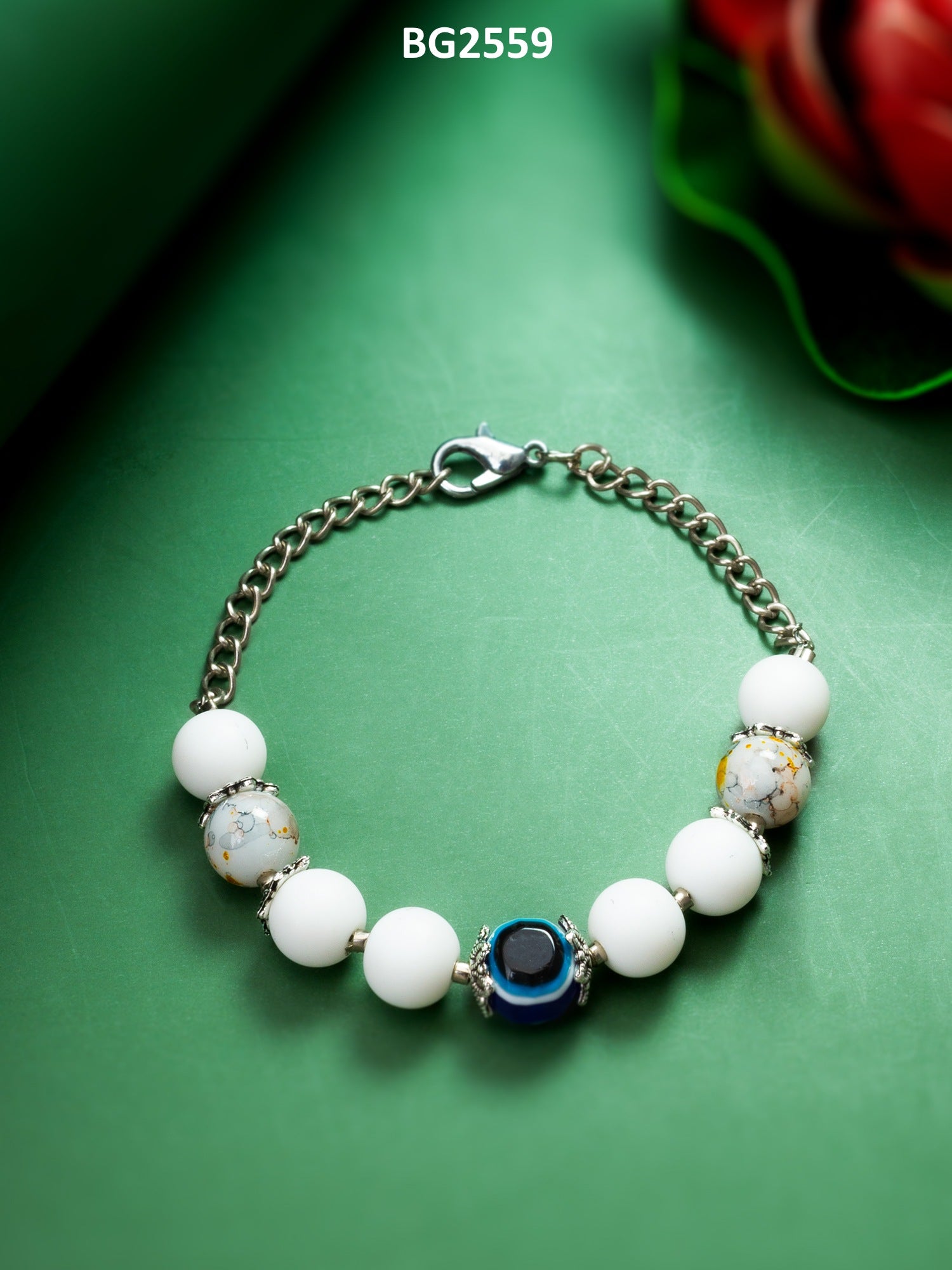 White Beaded Evil Eye Bracelet with Marble Stone – View 4 | Aadita Jewelry