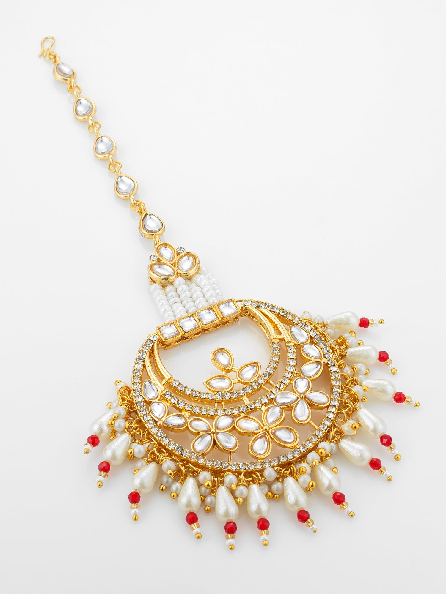 Aadita Gold Plated Kundan Chandbali Maang Tikka with Pearl and Red Crystal Drops – View 2 | Aadita Jewelry
