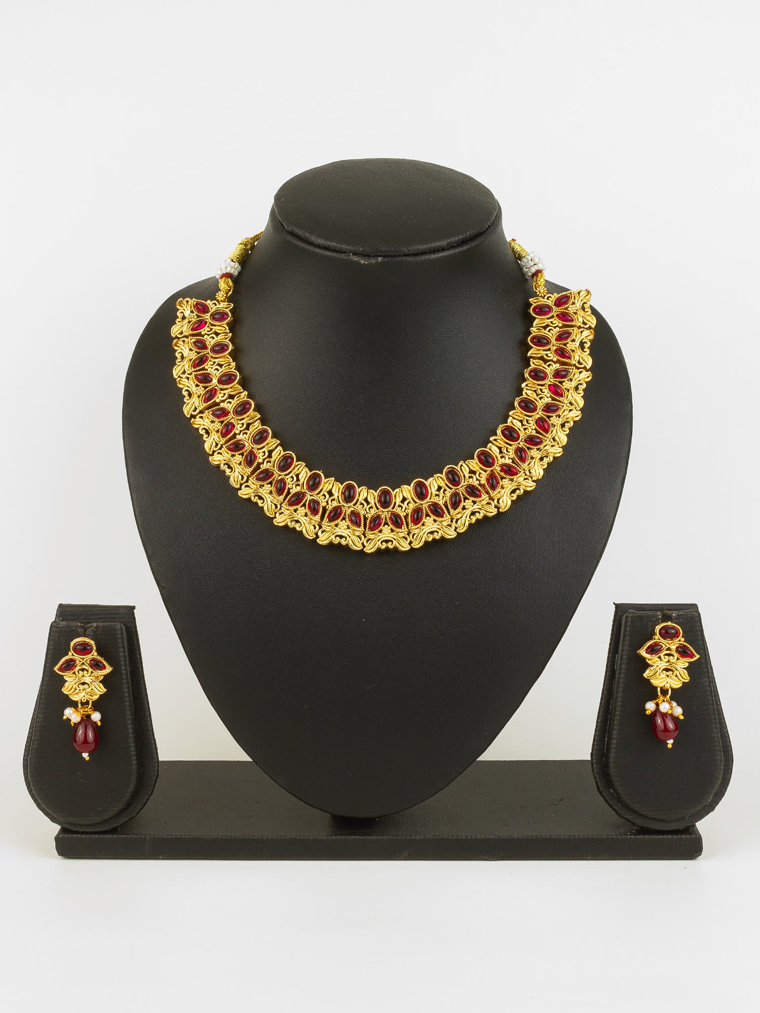 Gold Plated Maroon Oval Stone Designer Traditional Necklace Set for Women – View 5 | Aadita Jewelry