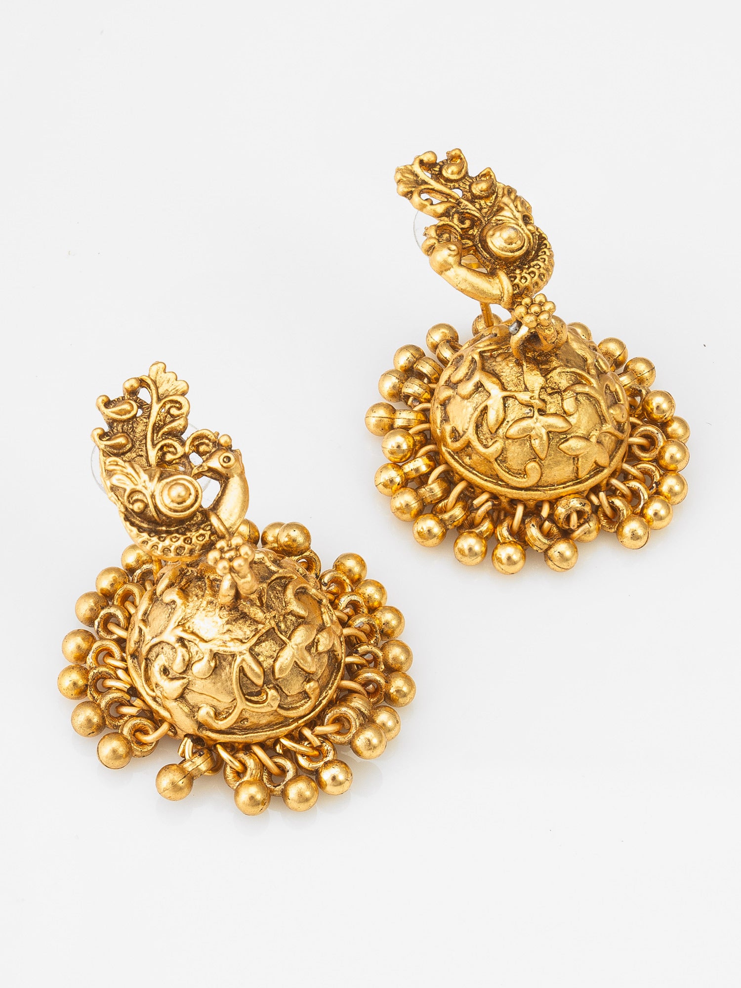 Antique Gold Temple Necklace Set with Multicolour Stones and Gold Bead Drops – View 2 | Aadita Jewelry