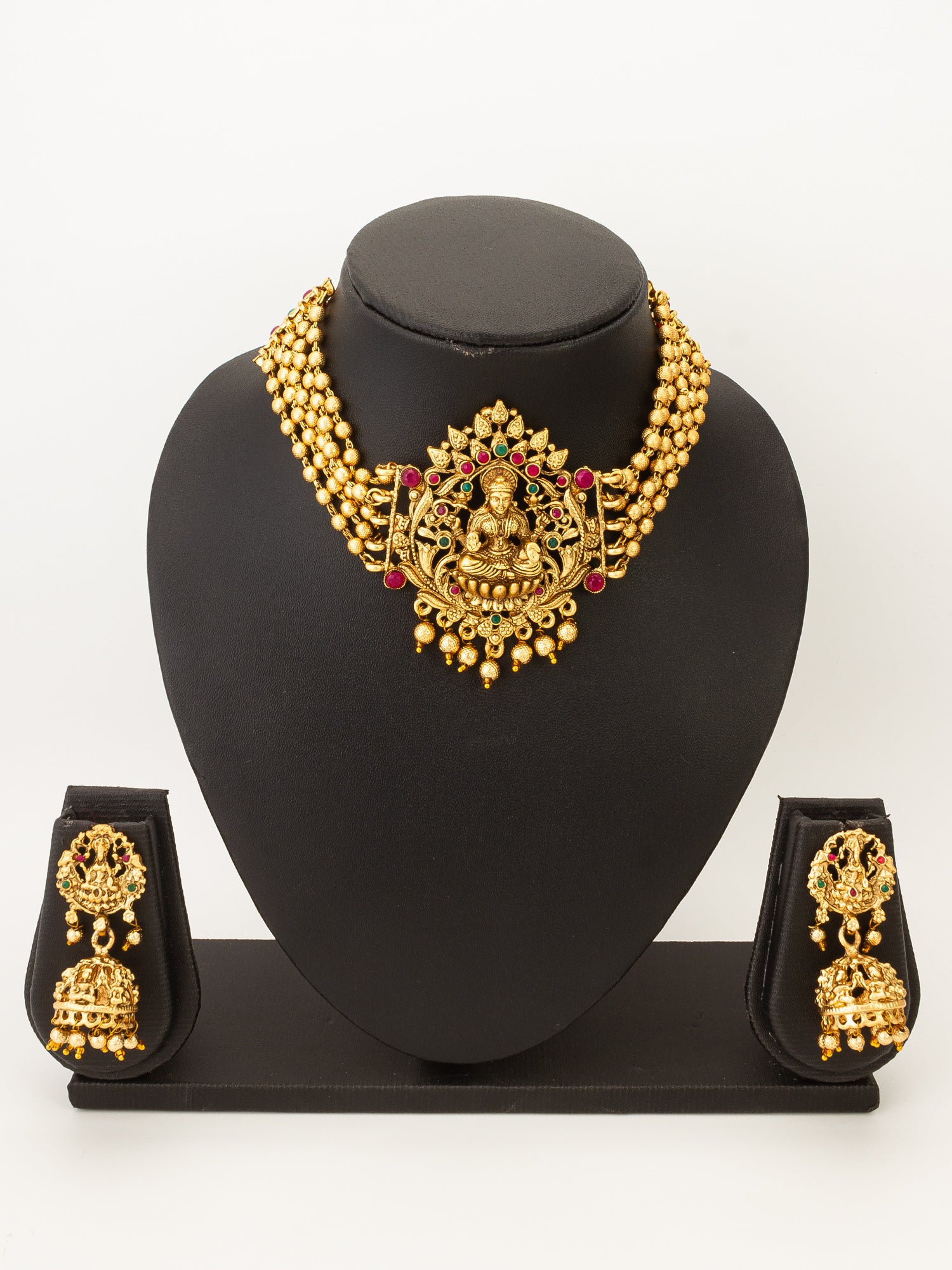 Antique Gold Multi-Strand Lakshmi Temple Necklace Set with Stones and Double Jhumka Earrings – View 5 | Aadita Jewelry