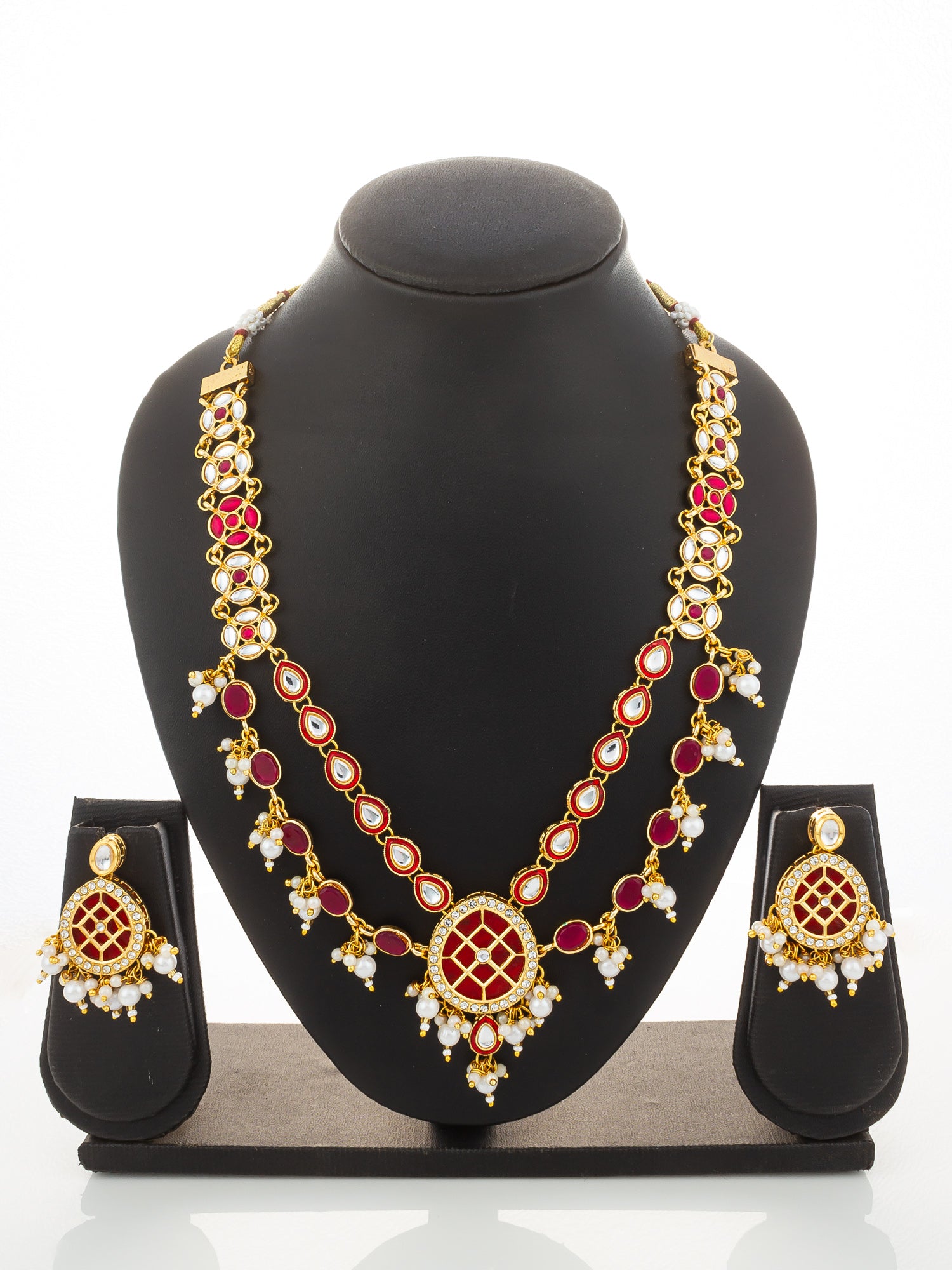 Aadita Gold-Plated Double-Layer Kundan Necklace Set with Red Stones and Pearl Drops end Earrings – View 5 | Aadita Jewelry