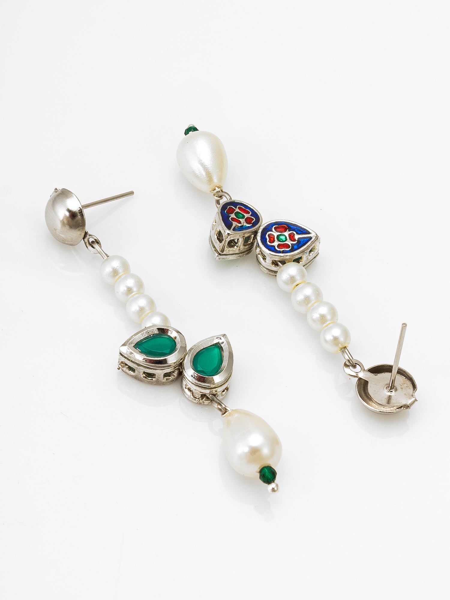 Elegant Silver Plated Green Stone and Pearl Drop Earrings – View 2 | Aadita Jewelry