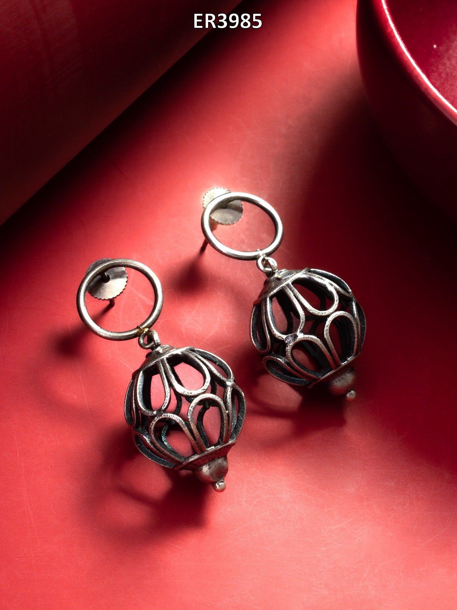 Oxidized Silver Filigree Globe Drop Earrings – View 5 | Aadita Jewelry