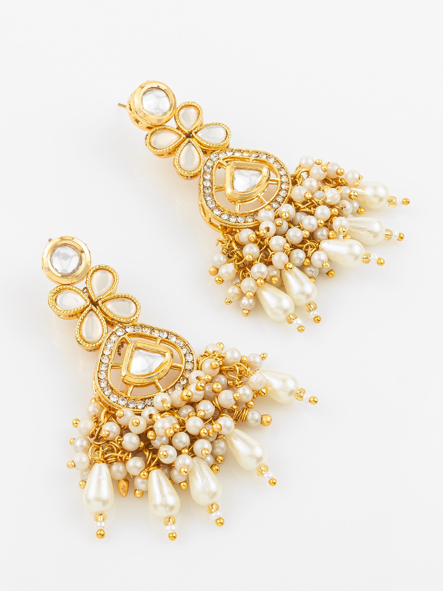 Traditional Kundan Pearl Cluster Gold Plated Statement Earrings for Women and Girls – View 2 | Aadita Jewelry