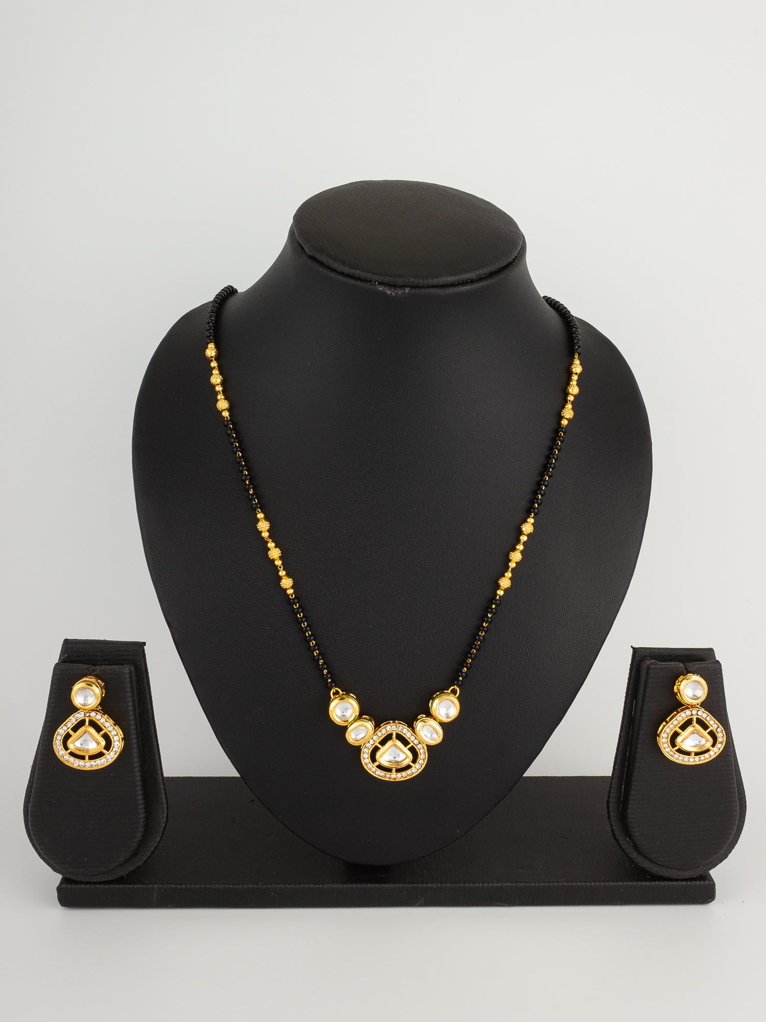 Kundan Mangalsutra Set with Black Beads Chain and Crystal Studded Earrings – View 5 | Aadita Jewelry