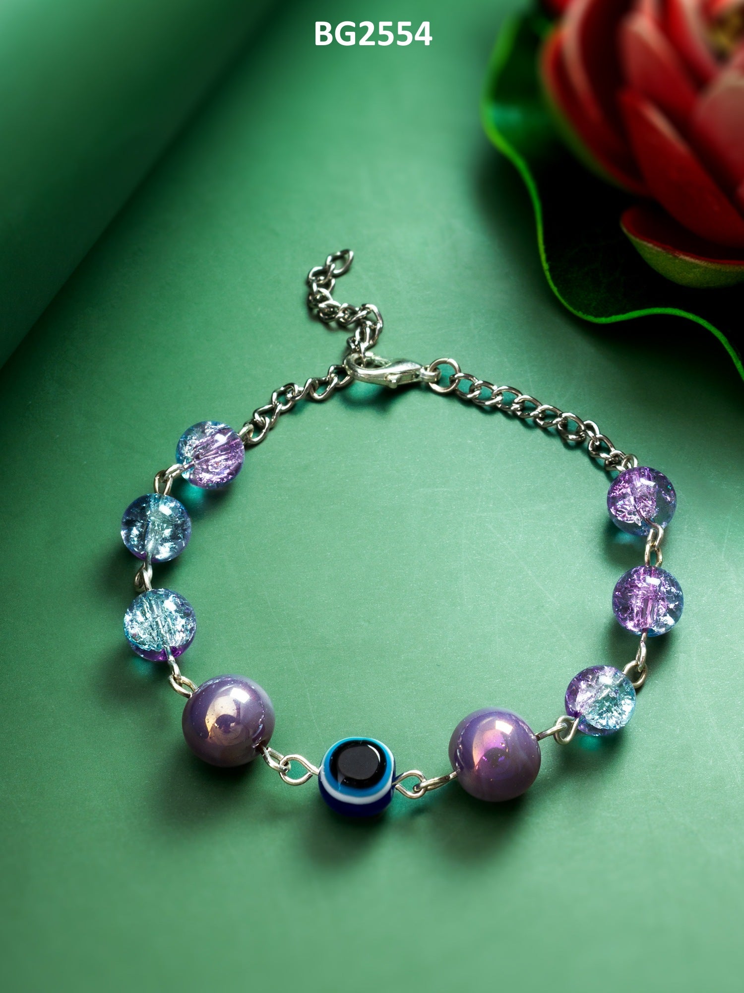 Purple Crackle Glass Bead Bracelet with Evil Eye Accent – View 4 | Aadita Jewelry