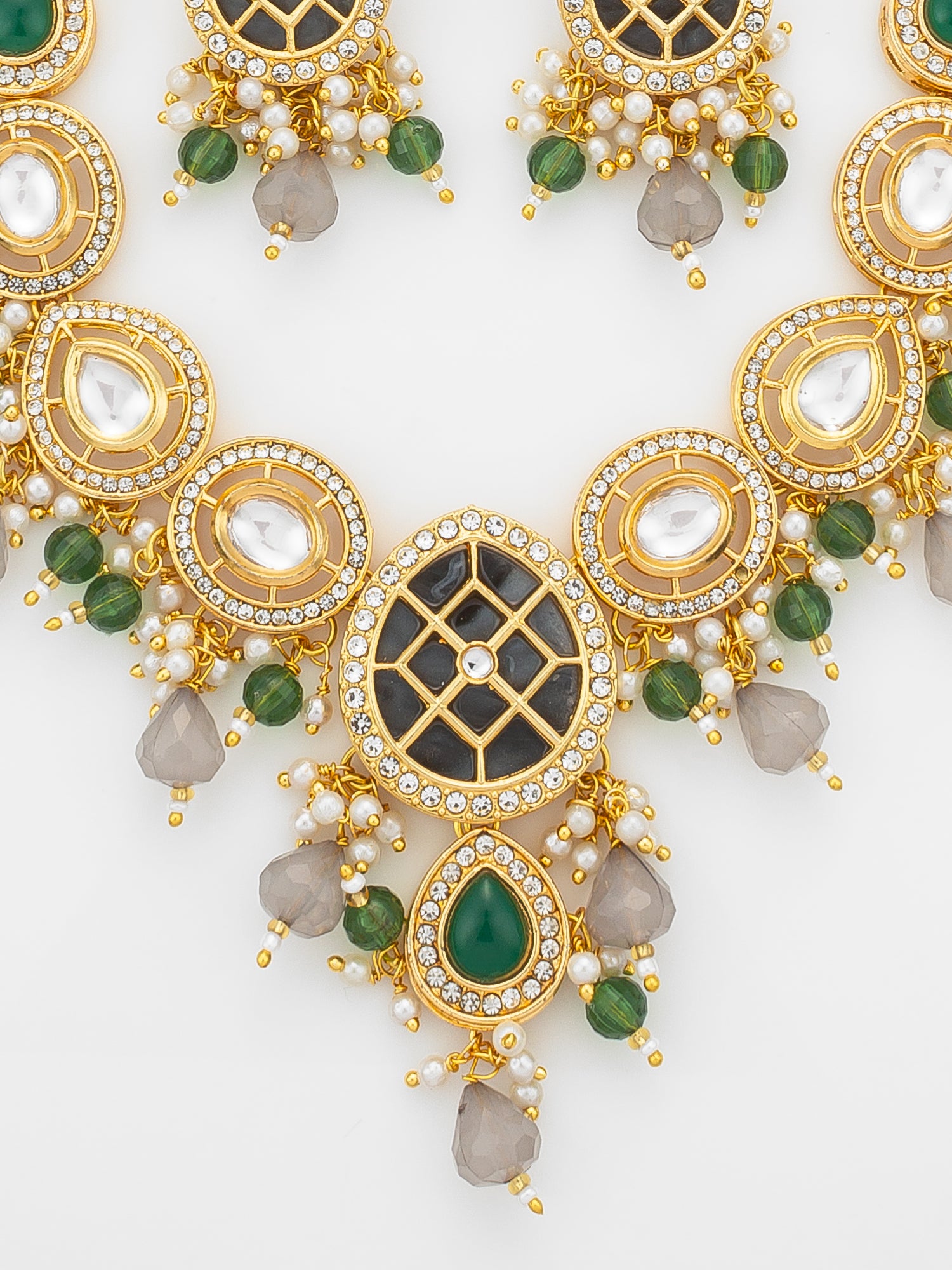 Aadita Green & Grey Necklace Set with Lattice Pendant and Drop Earrings – View 4 | Aadita Jewelry