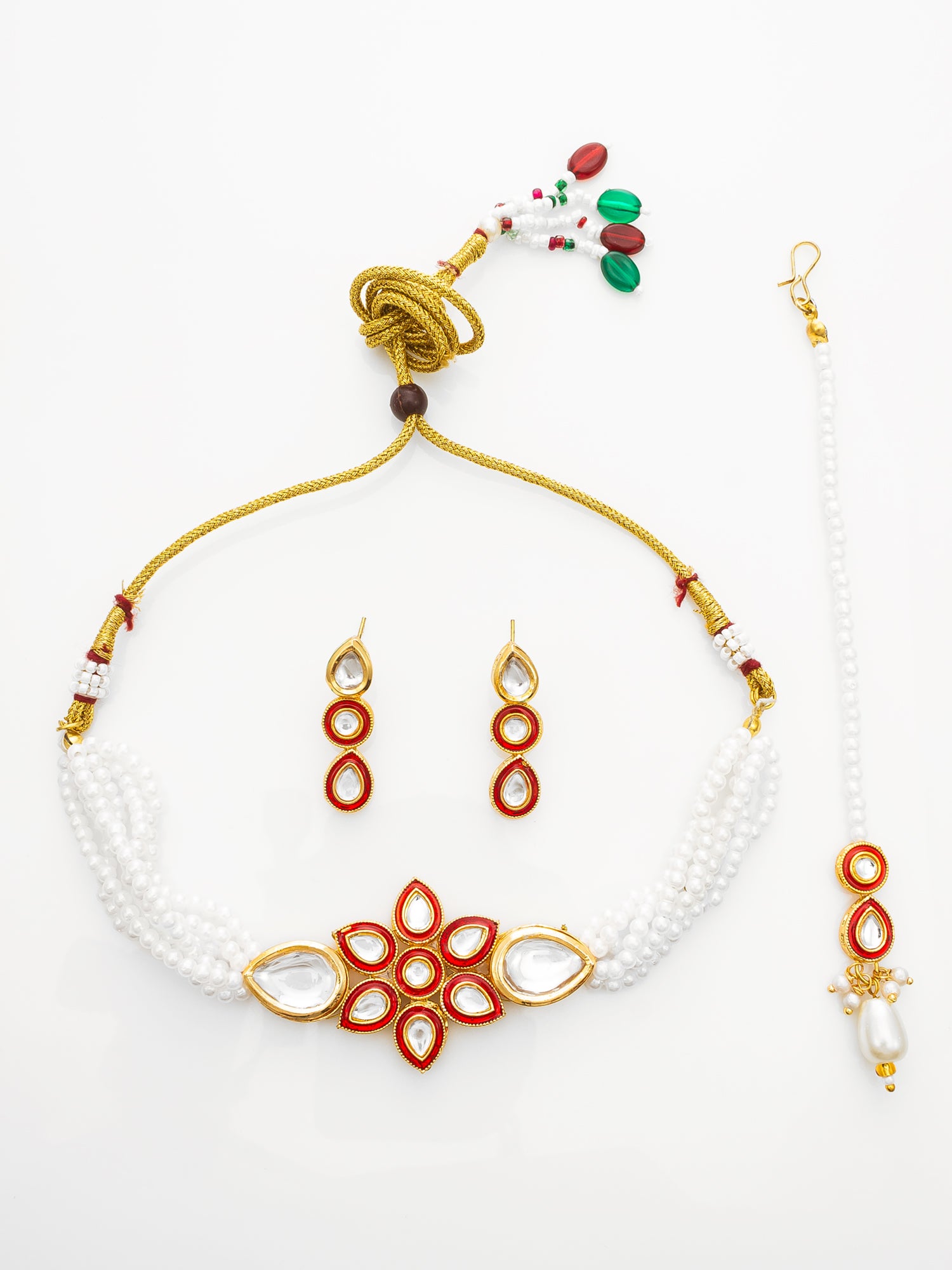 Red & White Kundan Pearl Choker Necklace Set with Maang Tikka for Women | Aadita Jewelry