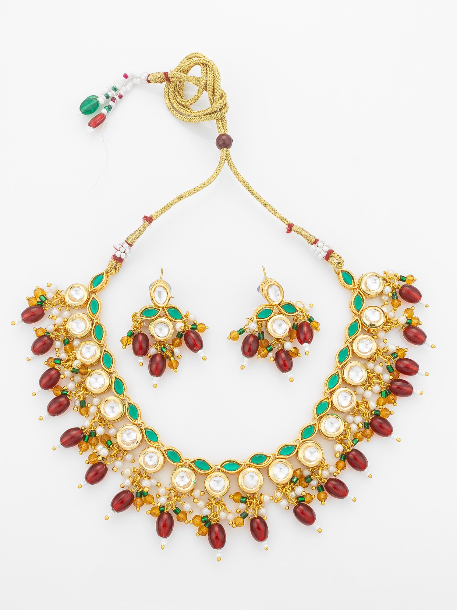 Aadita Gold Plated Kundan Necklace Set with Green Meenakari, Red Beads and Crystal Accents with Earrings | Aadita Jewelry