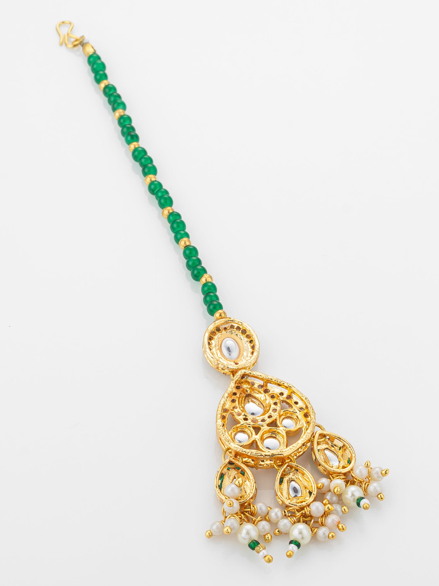 Aadita Gold Plated Kundan Chandbali-Style Mangtika with Green Bead Chain and Pearl Drops – View 4 | Aadita Jewelry