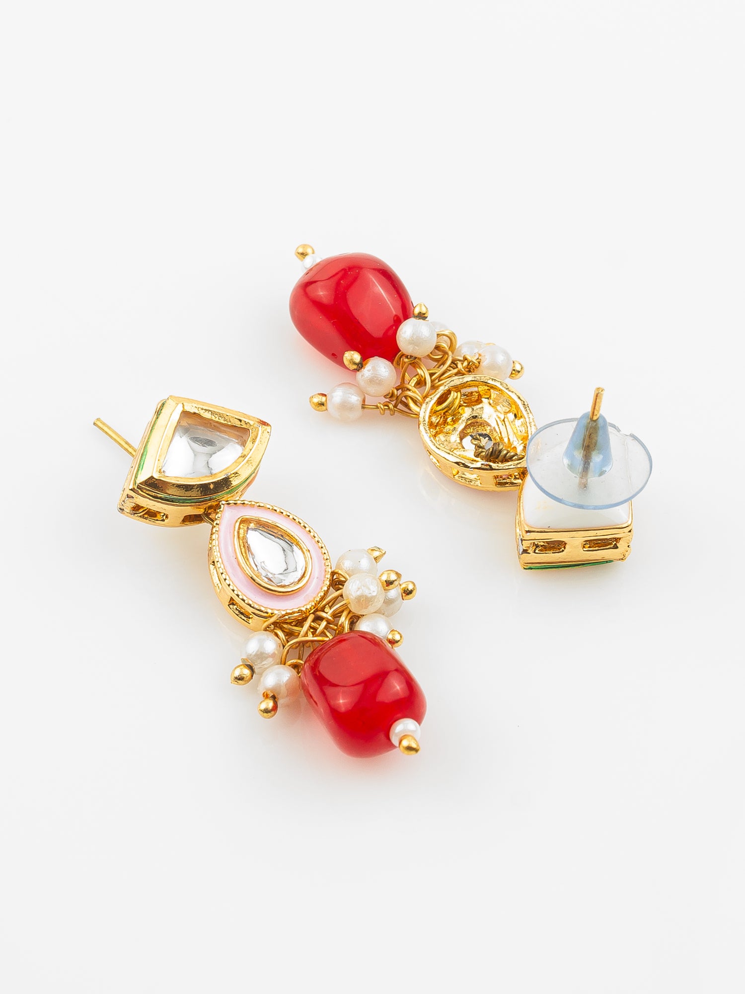 Gold Plated Red & White Kundan Beaded Necklace Set for Women – View 3 | Aadita Jewelry