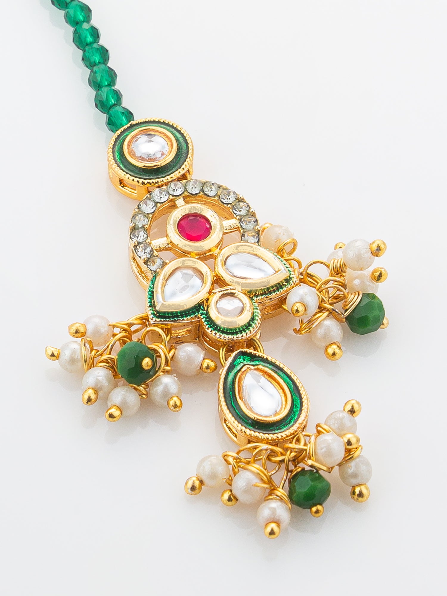 Aadita Gold Plated Green Bead Chain Mangtika with Meenakari Layered Pendant and Pearl Drops – View 3 | Aadita Jewelry