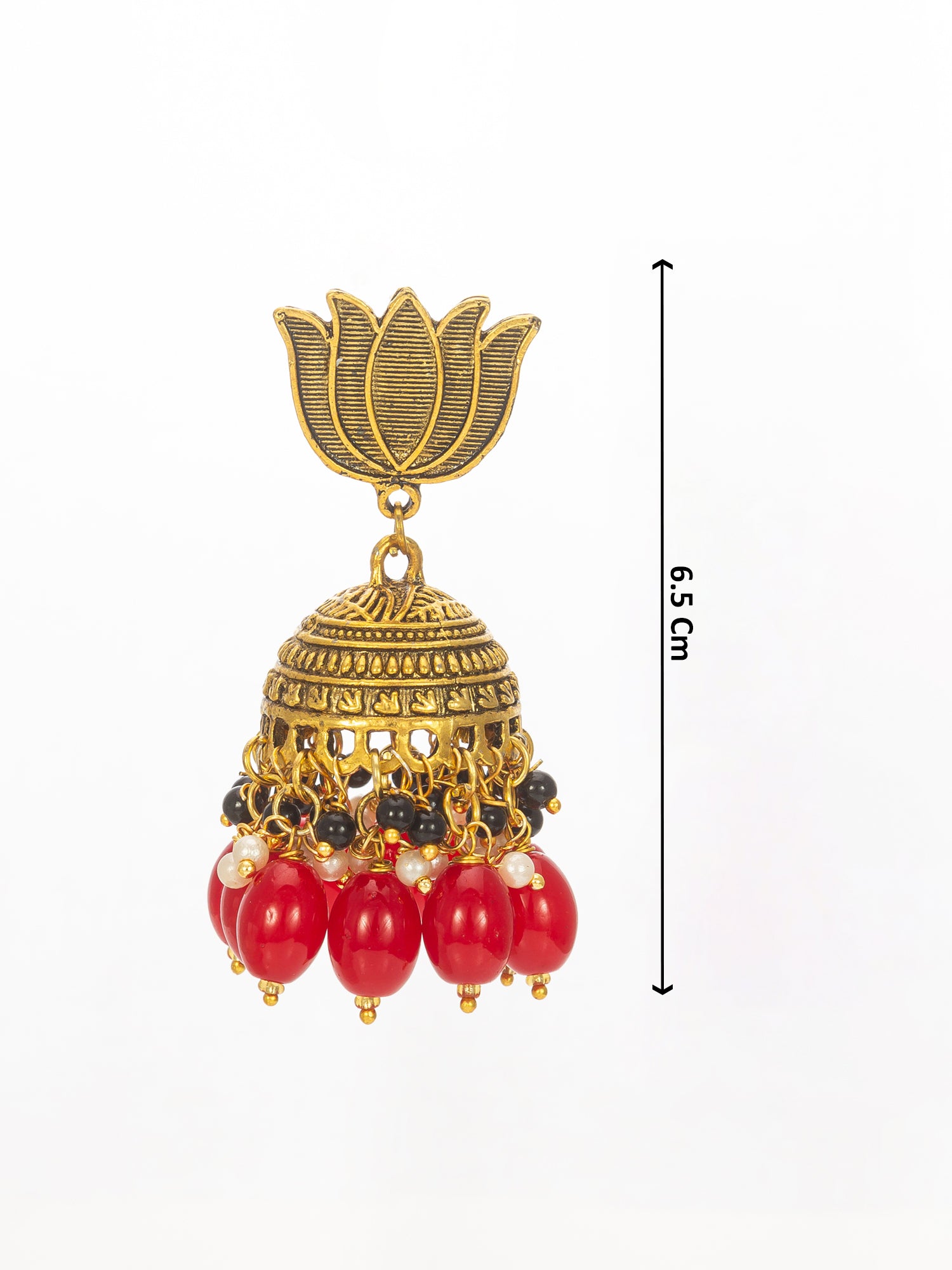 Lotus Top Gold-Plated Red Beaded Jhumka Earrings – View 3 | Aadita Jewelry