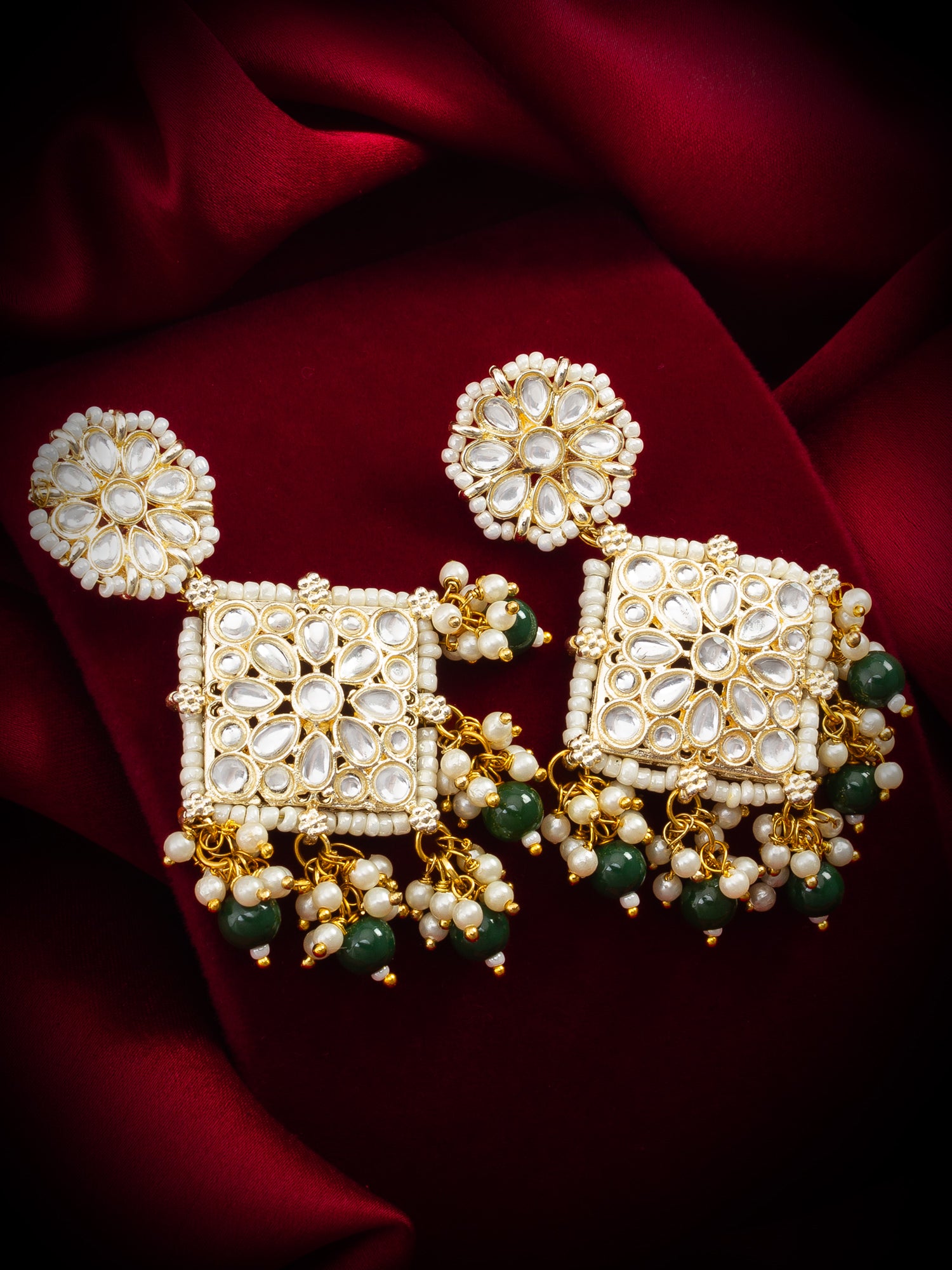 Kundan Square Pendant Earrings with Emerald Green Beads and Pearl Drops – View 4 | Aadita Jewelry