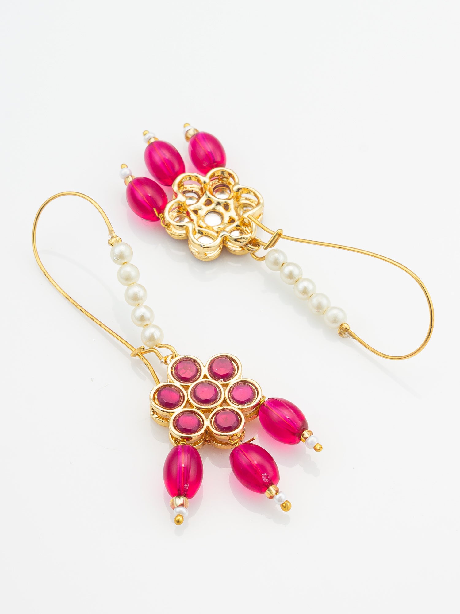 Pink Floral Stone Hook Earrings with Matching Bead Drops and Pearls – View 3 | Aadita Jewelry