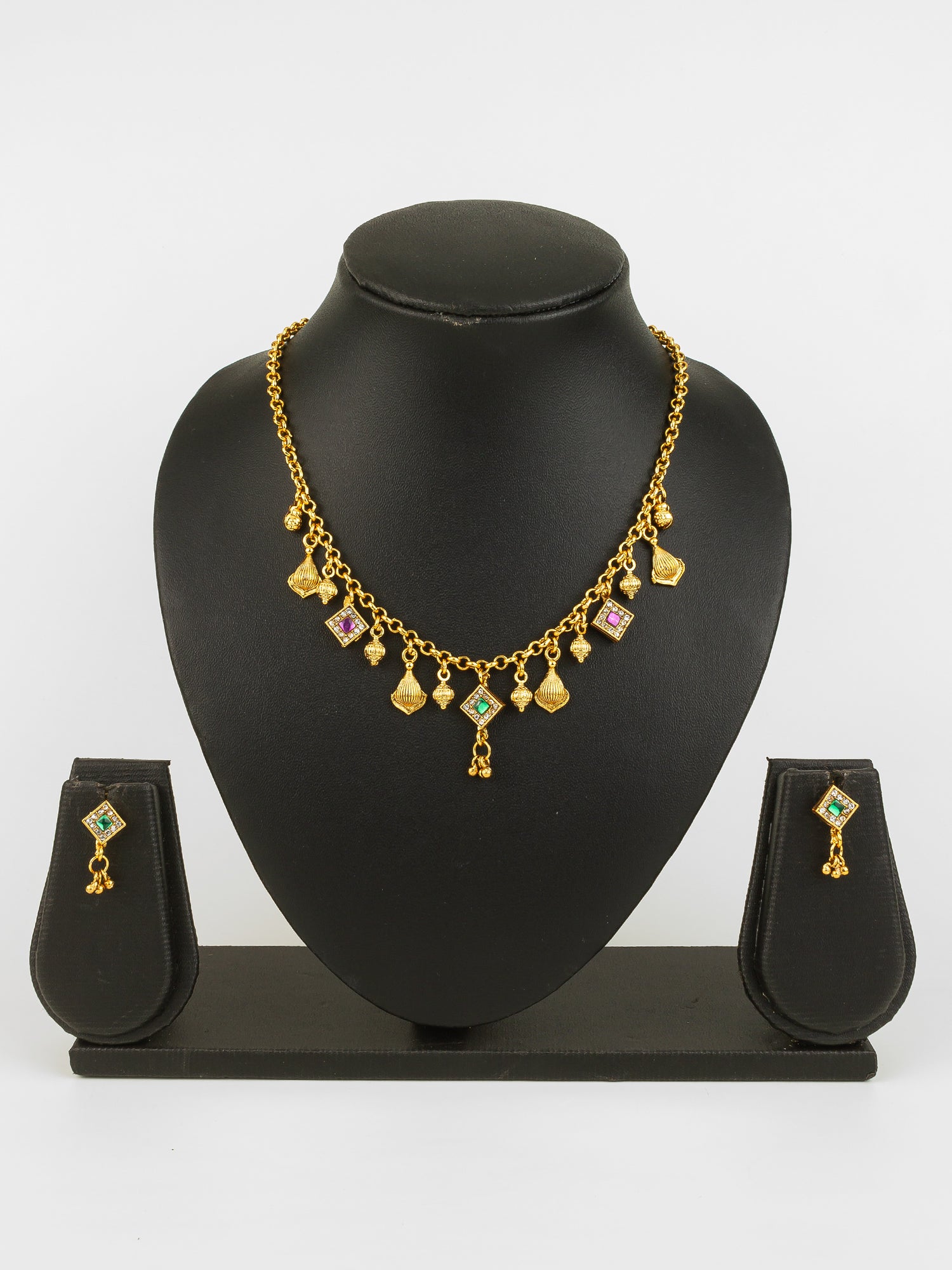 Gold-Plated Square Stone Necklace Set for Women | Green & Pink Traditional Pendant Jewellery with Earrings | Festive & Bridal Wear – View 5 | Aadita Jewelry