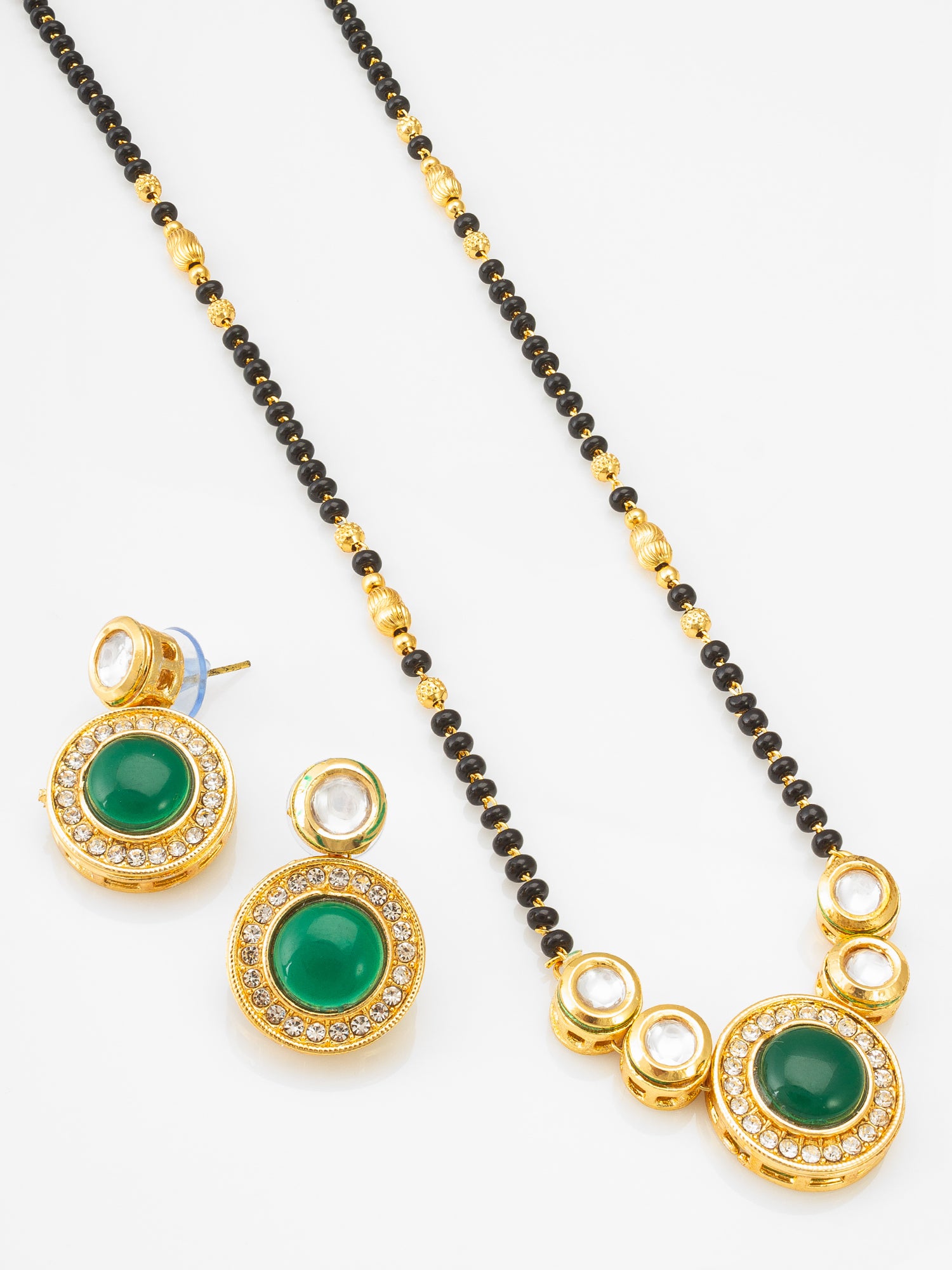 Kundan Mangalsutra Set with Green Stone Circular Pendant and Crystal Earrings – View 2 | Aadita Jewelry