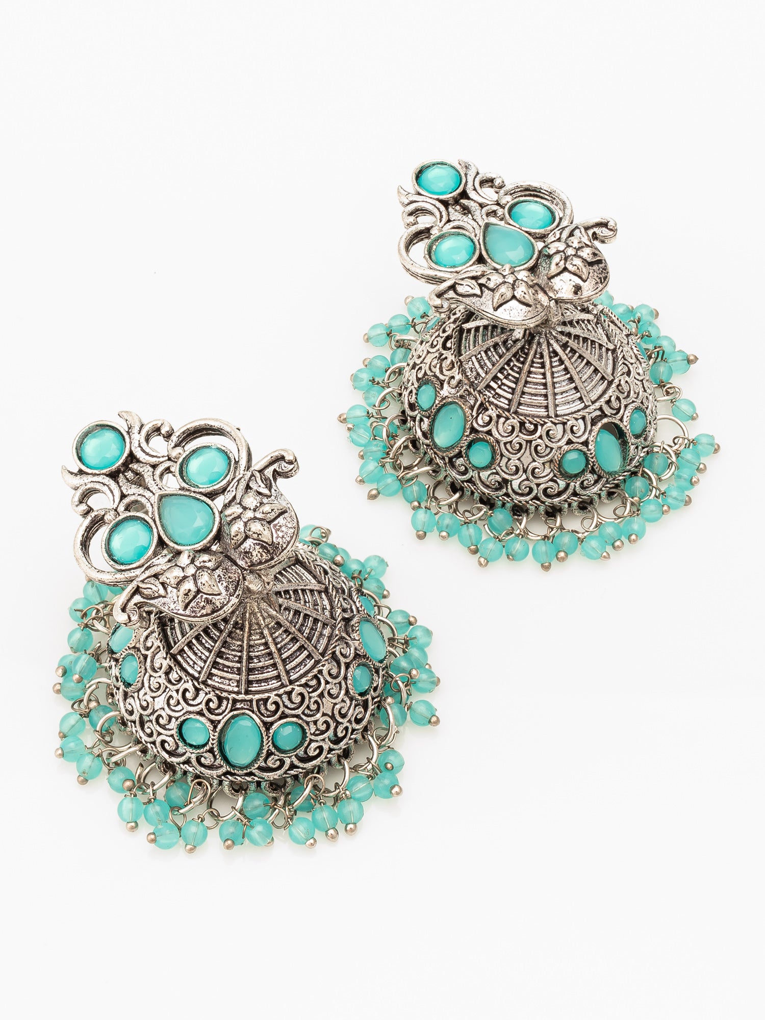 Aadita Silver Plated Stone Oxidized Jhumka Earrings – View 2 | Aadita Jewelry