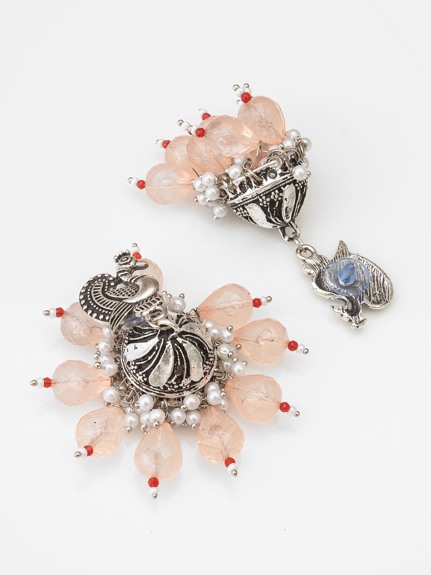 Oxidized Silver Peacock Jhumka Earrings with Peach Crystal Beads – View 2 | Aadita Jewelry