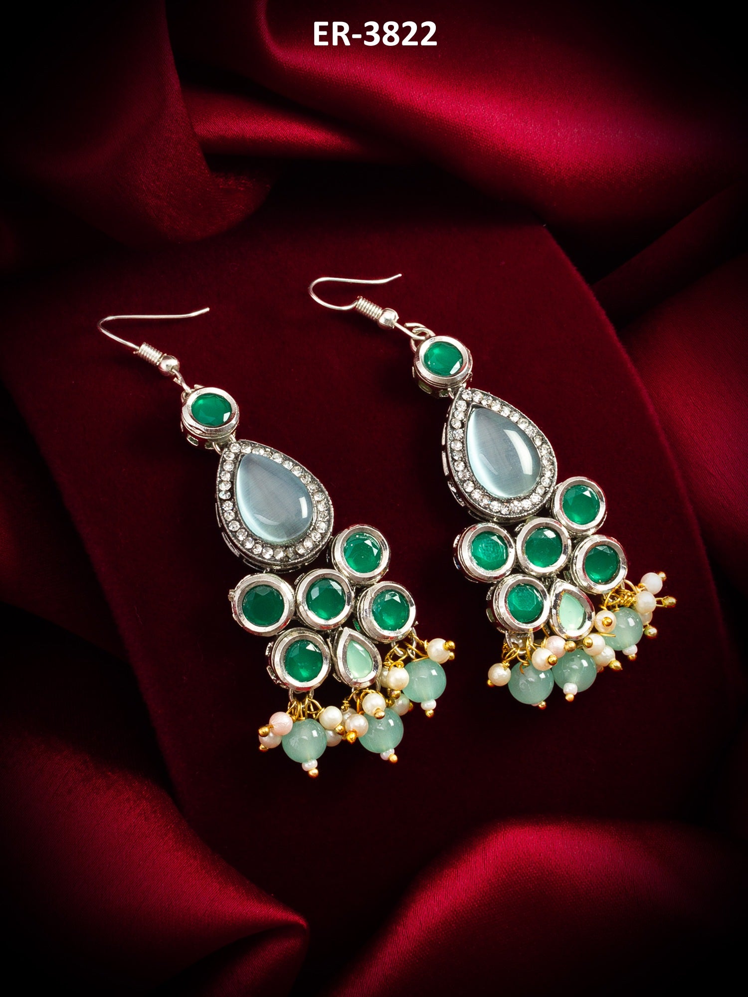 Green Stone Hook Earrings with Pearl and Mint Bead Tassel – View 5 | Aadita Jewelry