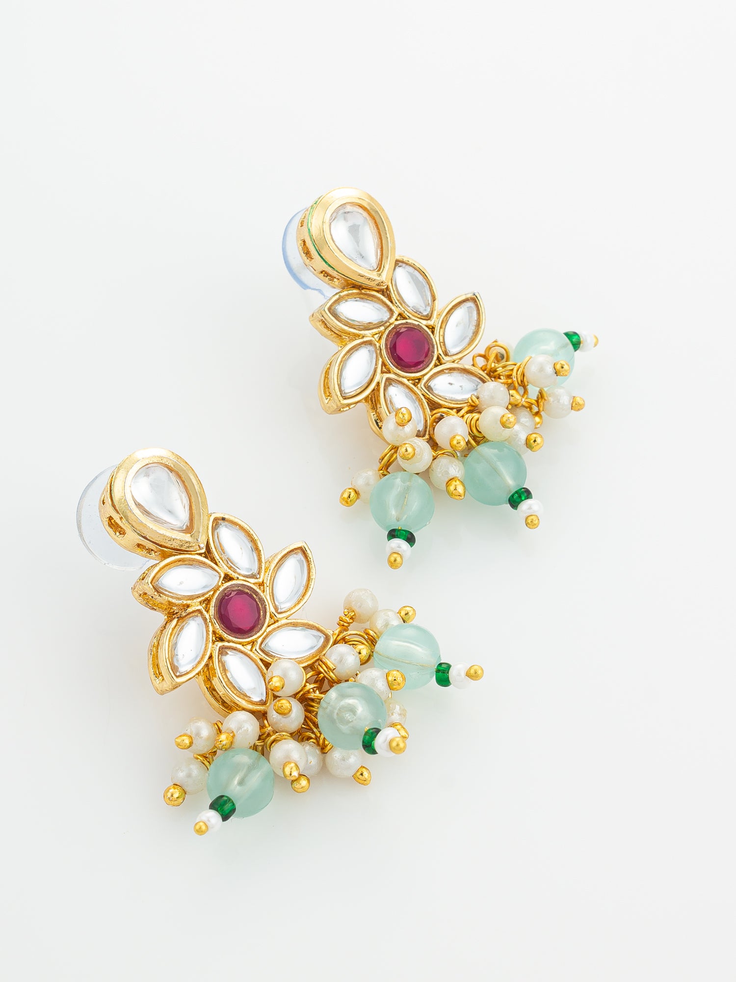 Gold Plated Multi Strand Pearl and Kundan Necklace Set with Mint Green Beads – View 2 | Aadita Jewelry