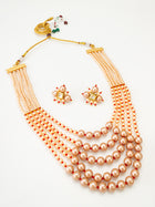Five-Strand Peach Pearl Mala Necklace Set with Kundan Cluster Earrings | Aadita Jewelry