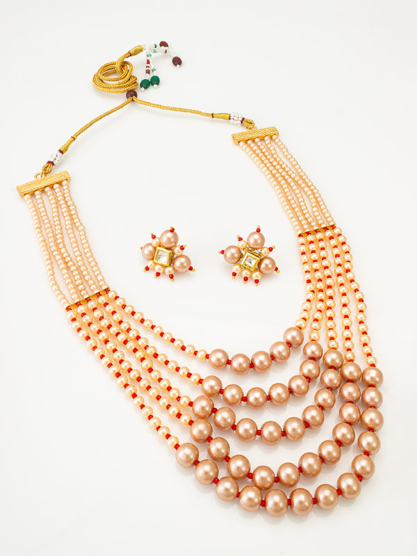 Five-Strand Peach Pearl Mala Necklace Set with Kundan Cluster Earrings | Aadita Jewelry