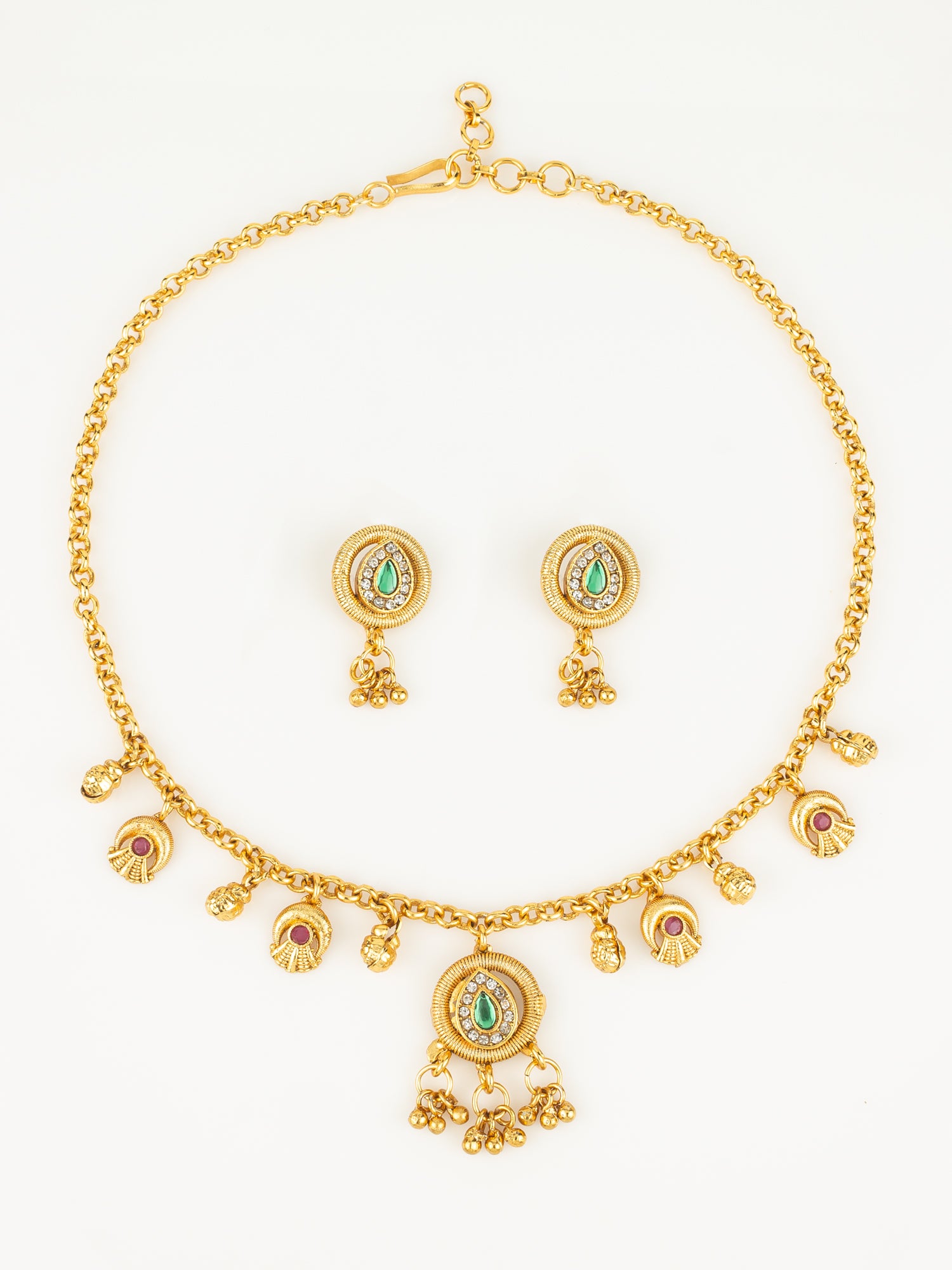 Gold-Plated Teardrop Stone Necklace Set for Women | Green & Pink Ethnic Jewellery with Earrings | Bridal & Festive Wear | Aadita Jewelry