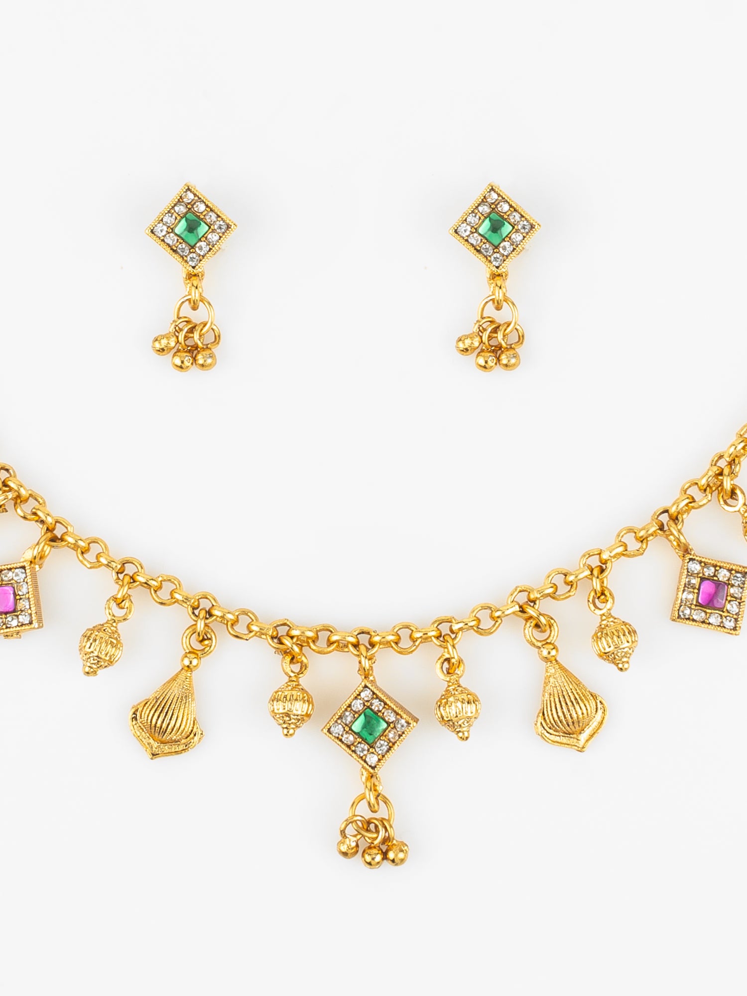Gold-Plated Square Stone Necklace Set for Women | Green & Pink Traditional Pendant Jewellery with Earrings | Festive & Bridal Wear – View 4 | Aadita Jewelry