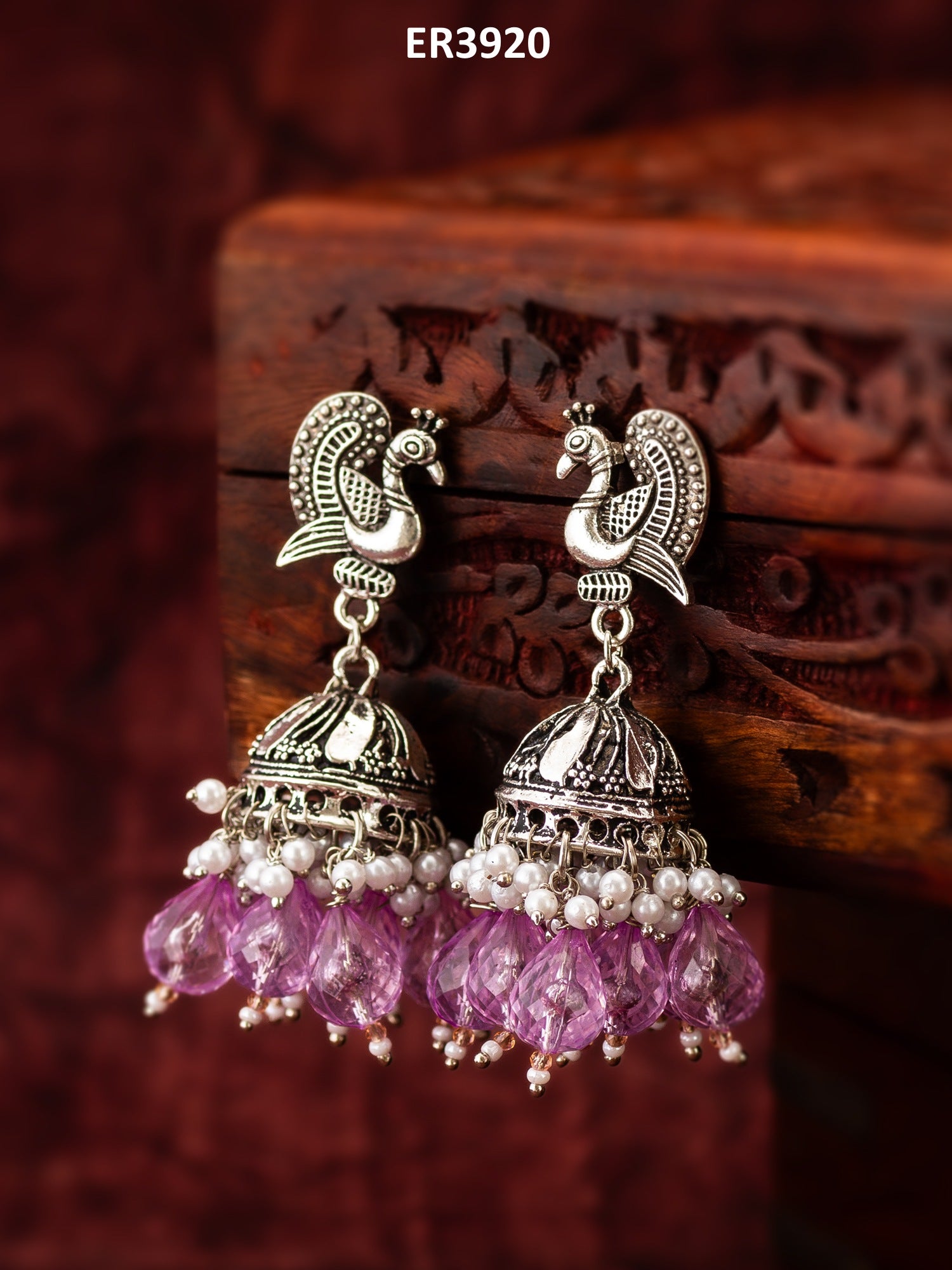 Oxidized Silver Peacock Jhumka Earrings – View 5 | Aadita Jewelry