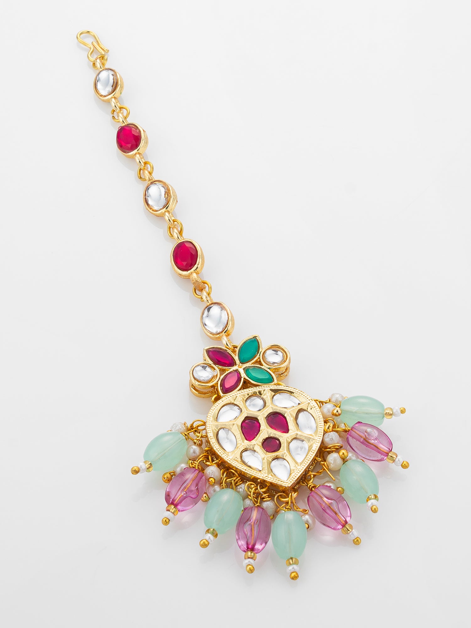 Aadita Gold Plated Mixed Oval Stone Chain Mangtika with Kundan Heart Pendant and Pastel Bead Fringe – View 2 | Aadita Jewelry
