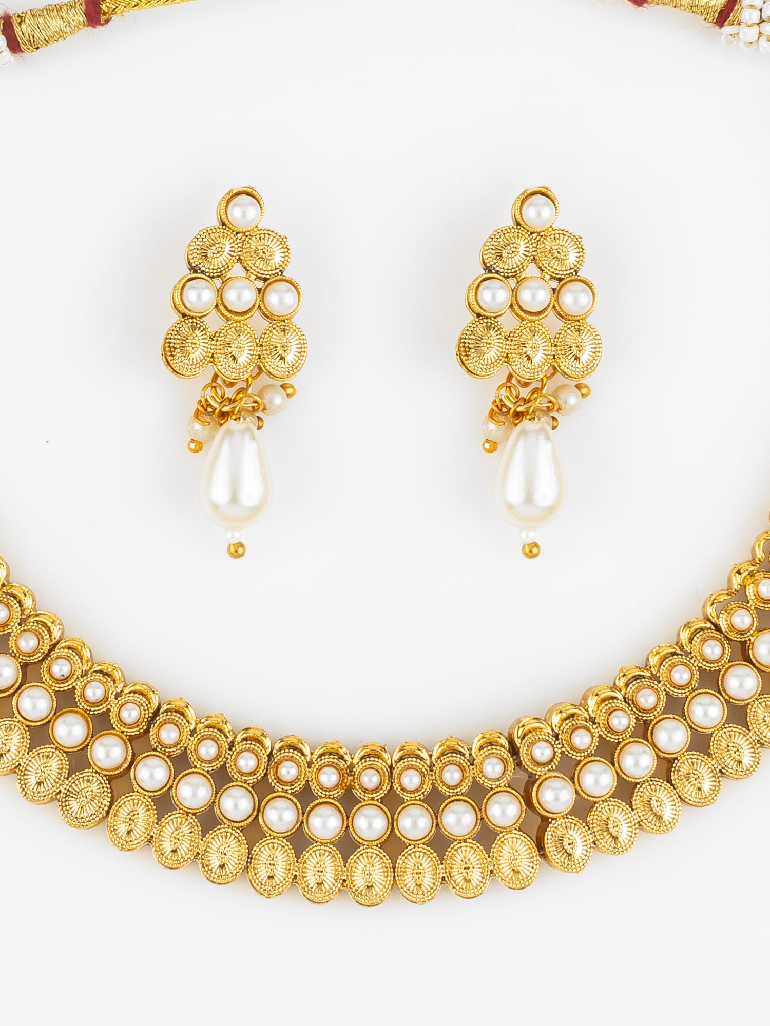 Gold Plated Pearl Beaded Traditional Necklace Set with Drop Earrings – View 4 | Aadita Jewelry