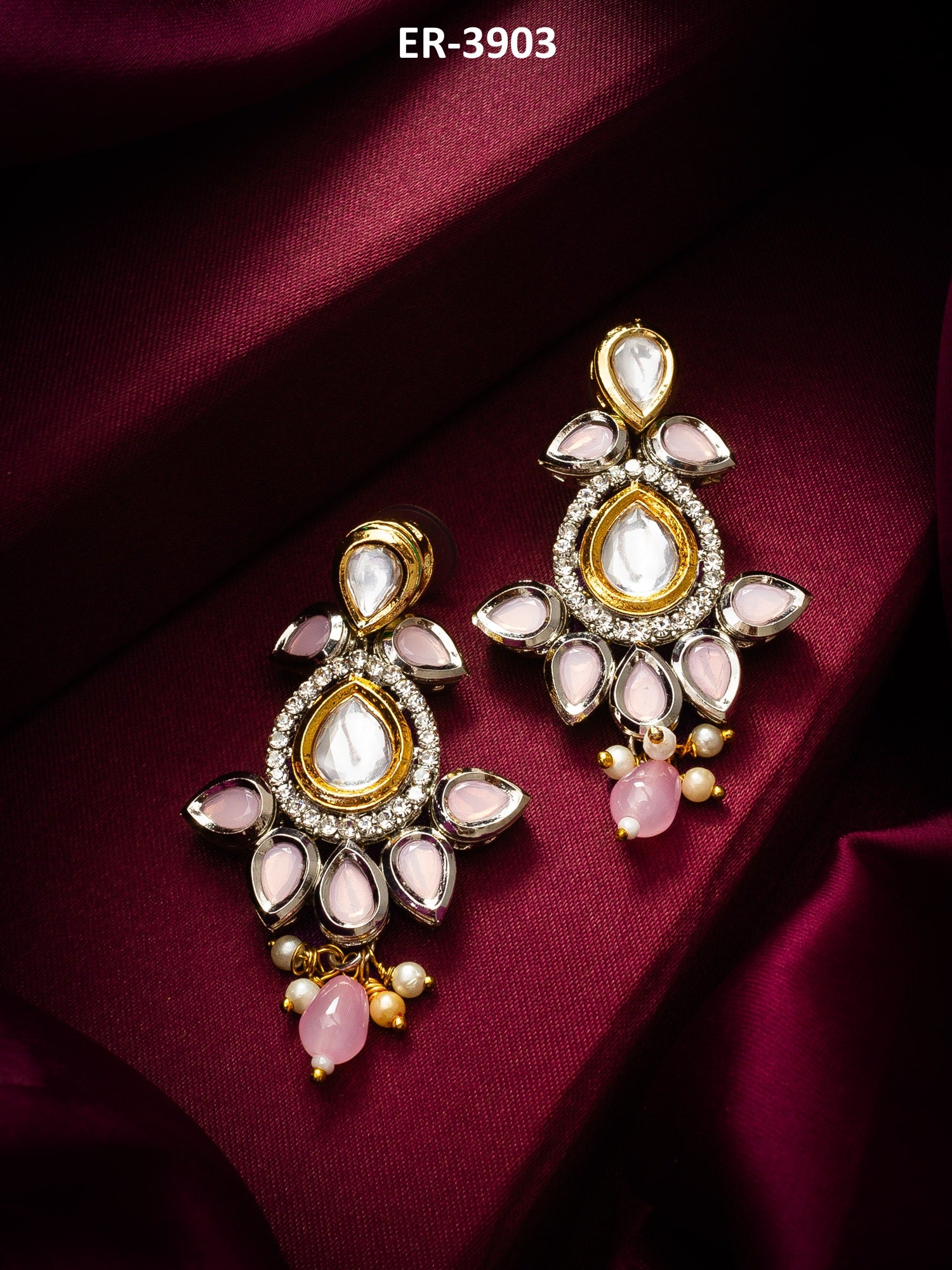 Pink Stone Kundan Traditional Drop Earrings – View 5 | Aadita Jewelry