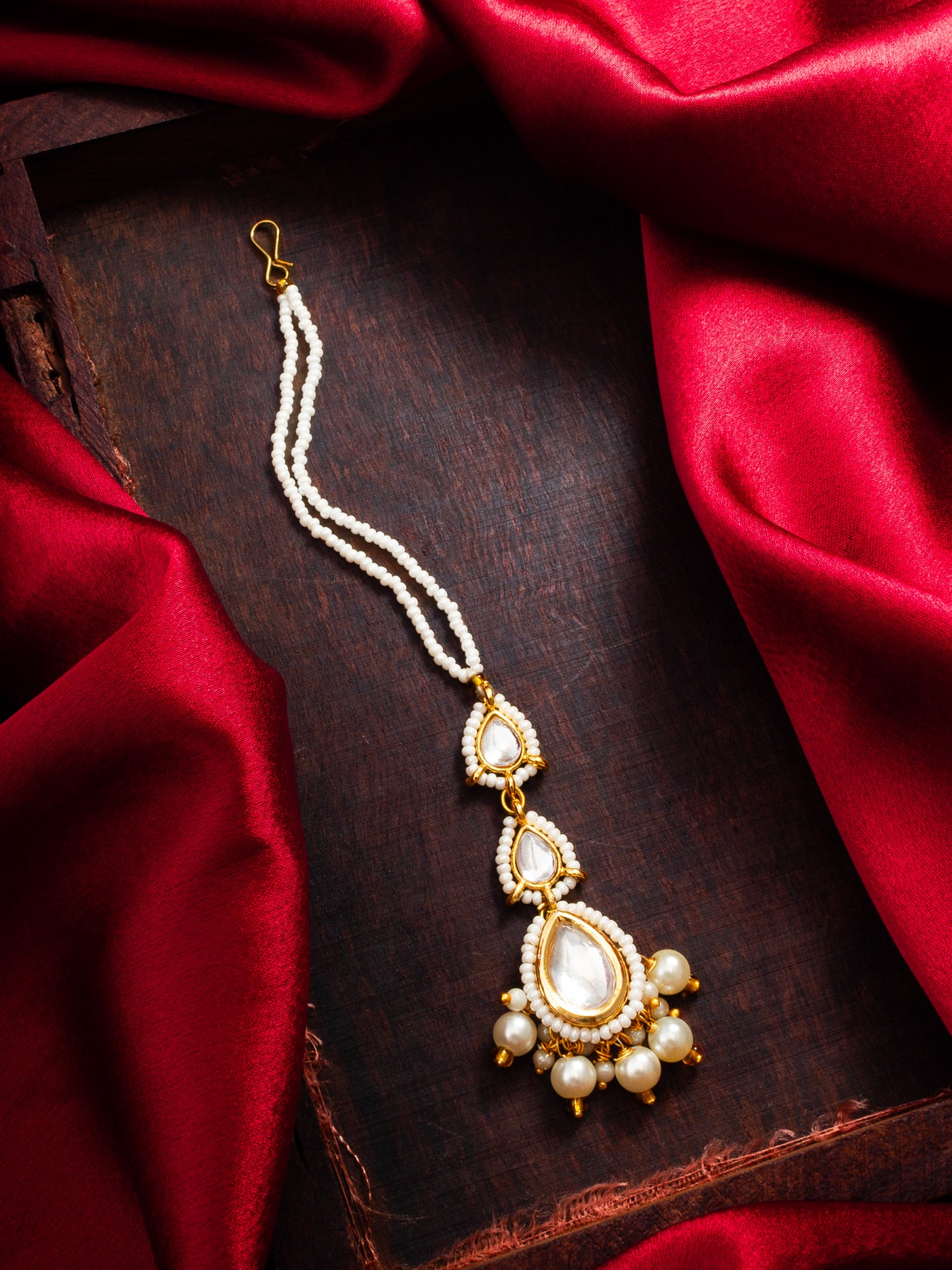 Gold Plated White Kundan and Pearl Beaded Maang Tikka for Women – View 5 | Aadita Jewelry