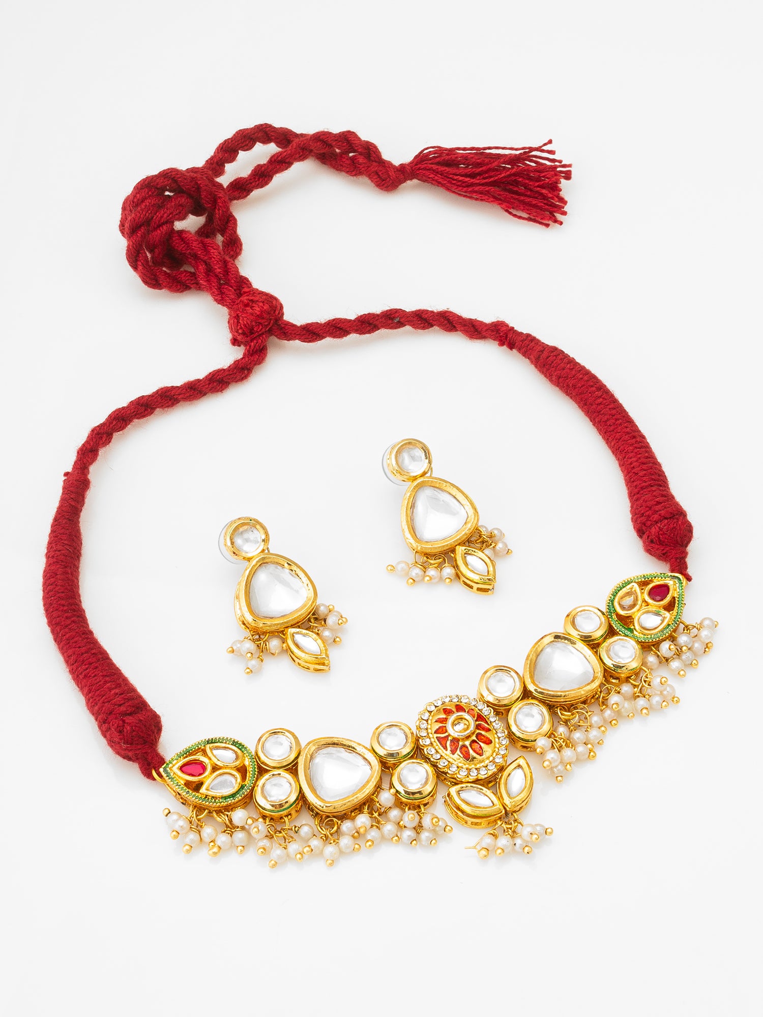 Classic Kundan Pearl Choker Necklace Set with Ethnic Motifs | Aadita Jewelry