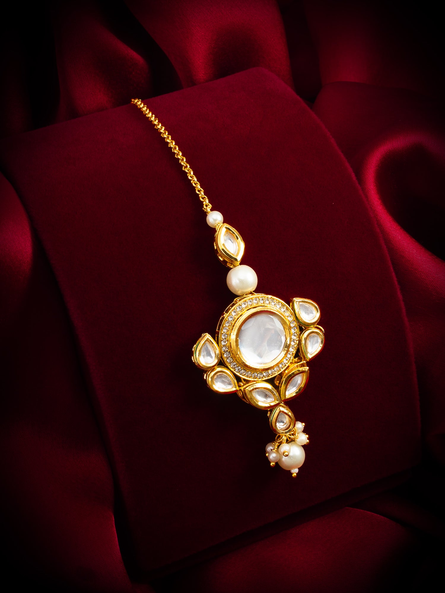 Gold-Plated Kundan Maang Tikka with Stone and Pearl Cluster Drop – View 5 | Aadita Jewelry