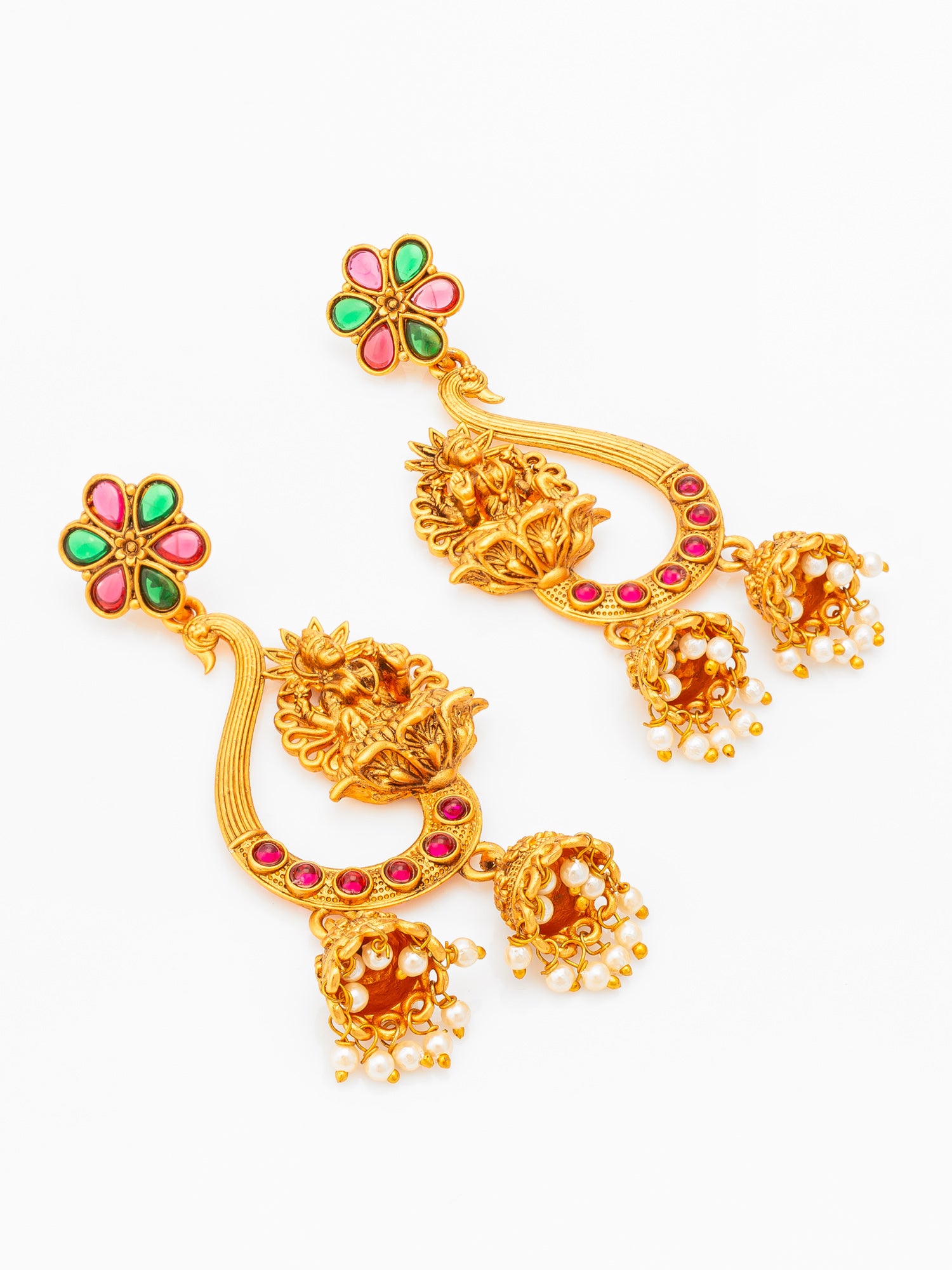 Aadita Temple Lakshmi Chandbali Jhumka Earrings with Stones – View 2 | Aadita Jewelry