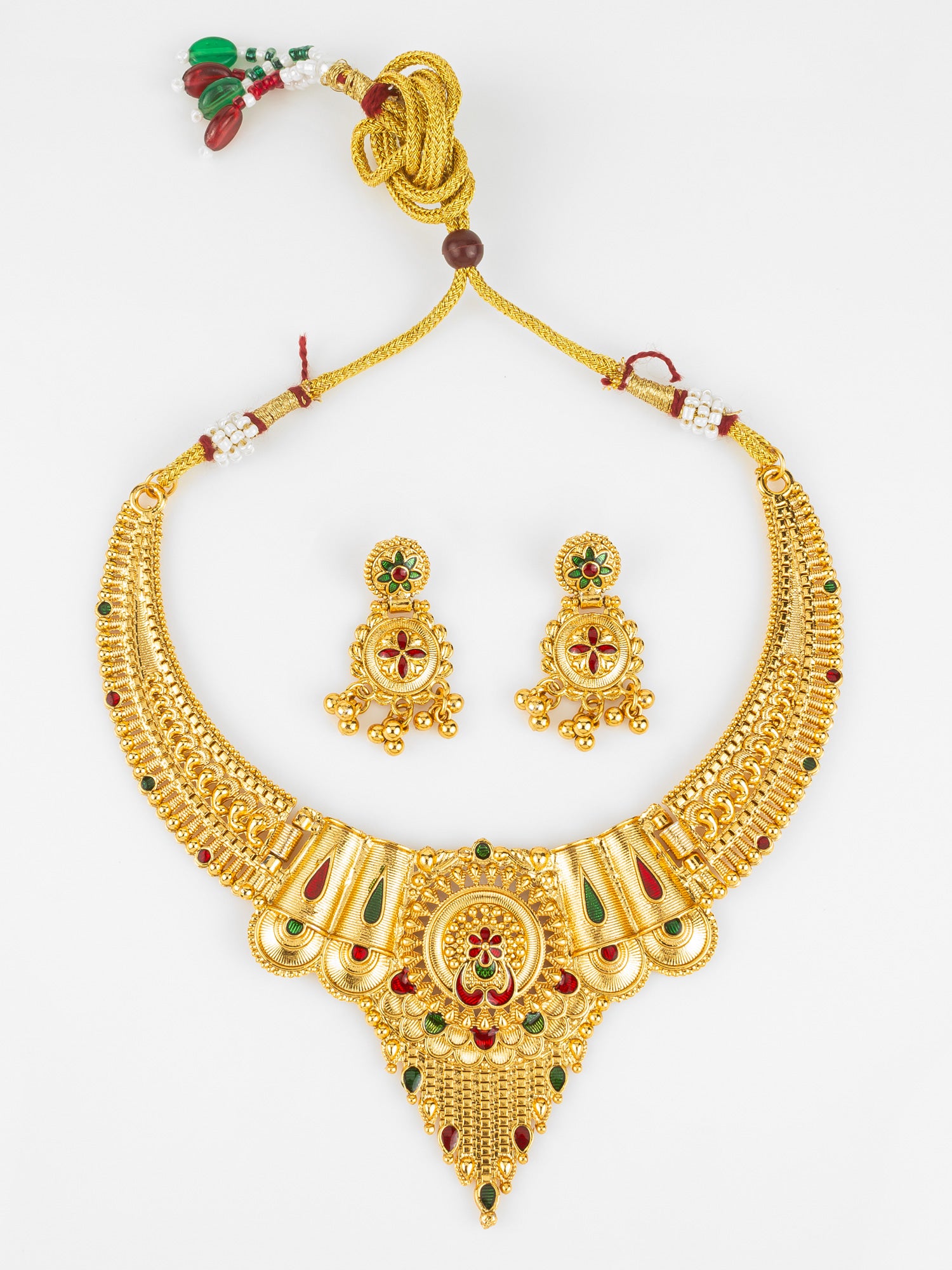 South Indian Gold-Plated Necklace Set | Traditional Bridal Temple Jewellery with Earrings | Aadita Jewelry