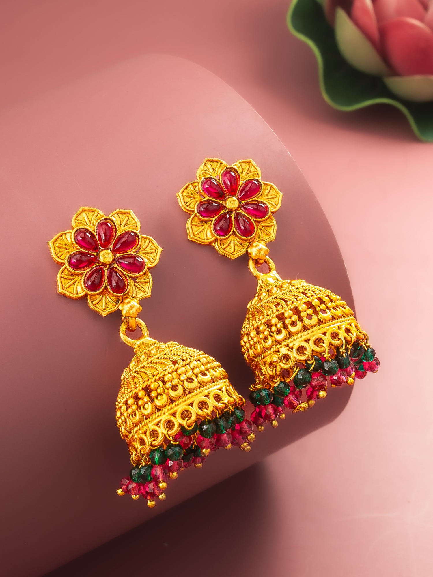 Aadita Floral Gold Plated Pink and Green Jhumka Earrings – View 5 | Aadita Jewelry