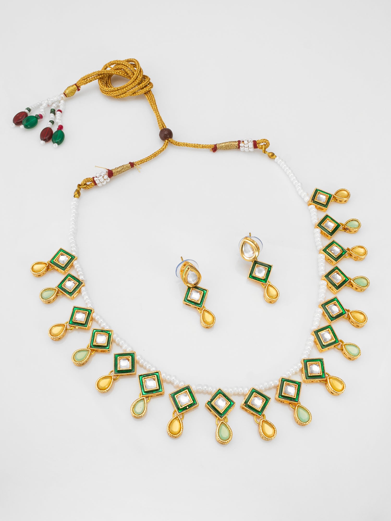 Pearl Necklace with Green Square Kundan and Yellow Drops | Aadita Jewelry
