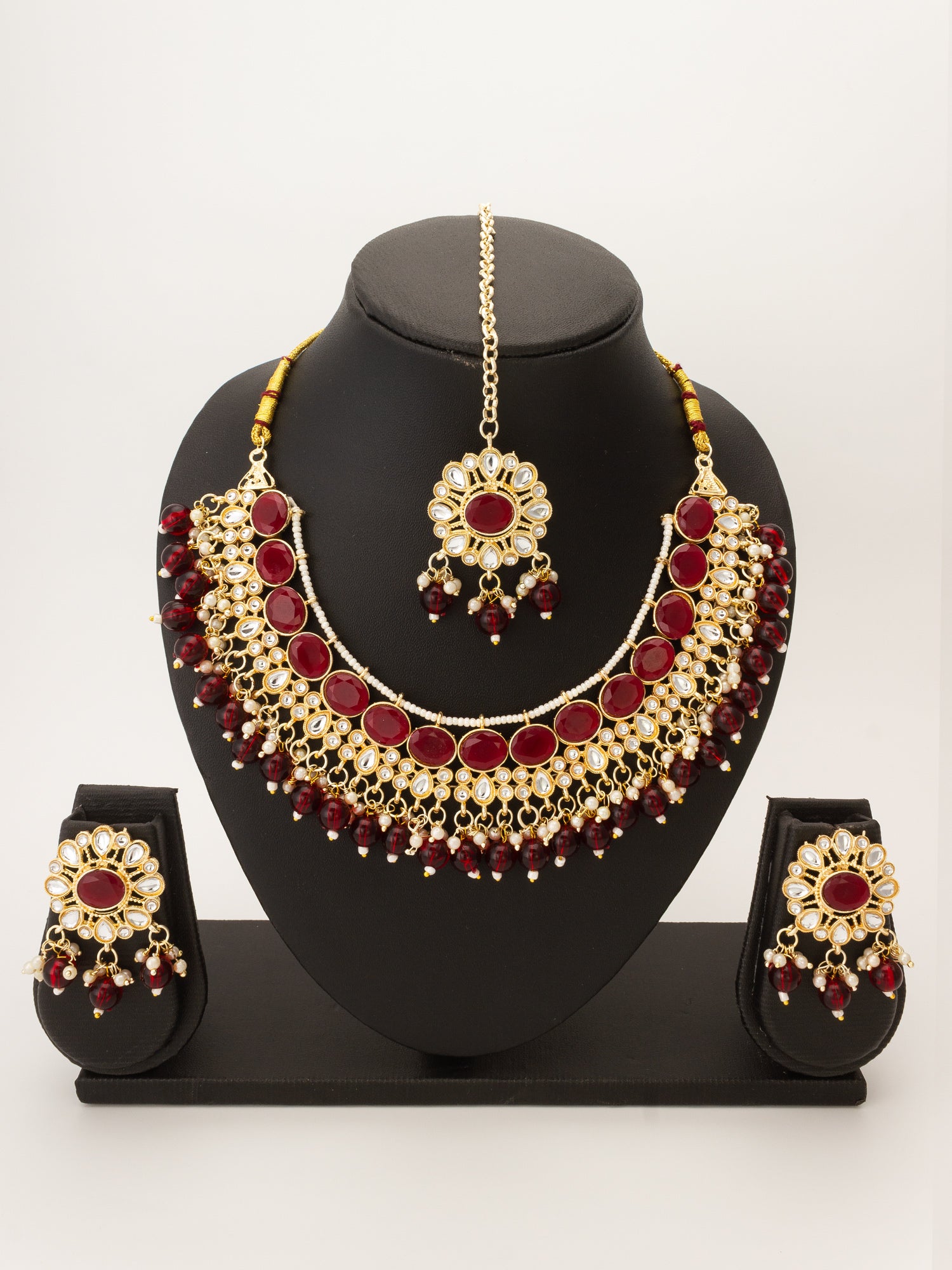 Red Kundan Choker Necklace Set with Beaded Drops Earrings – View 4 | Aadita Jewelry