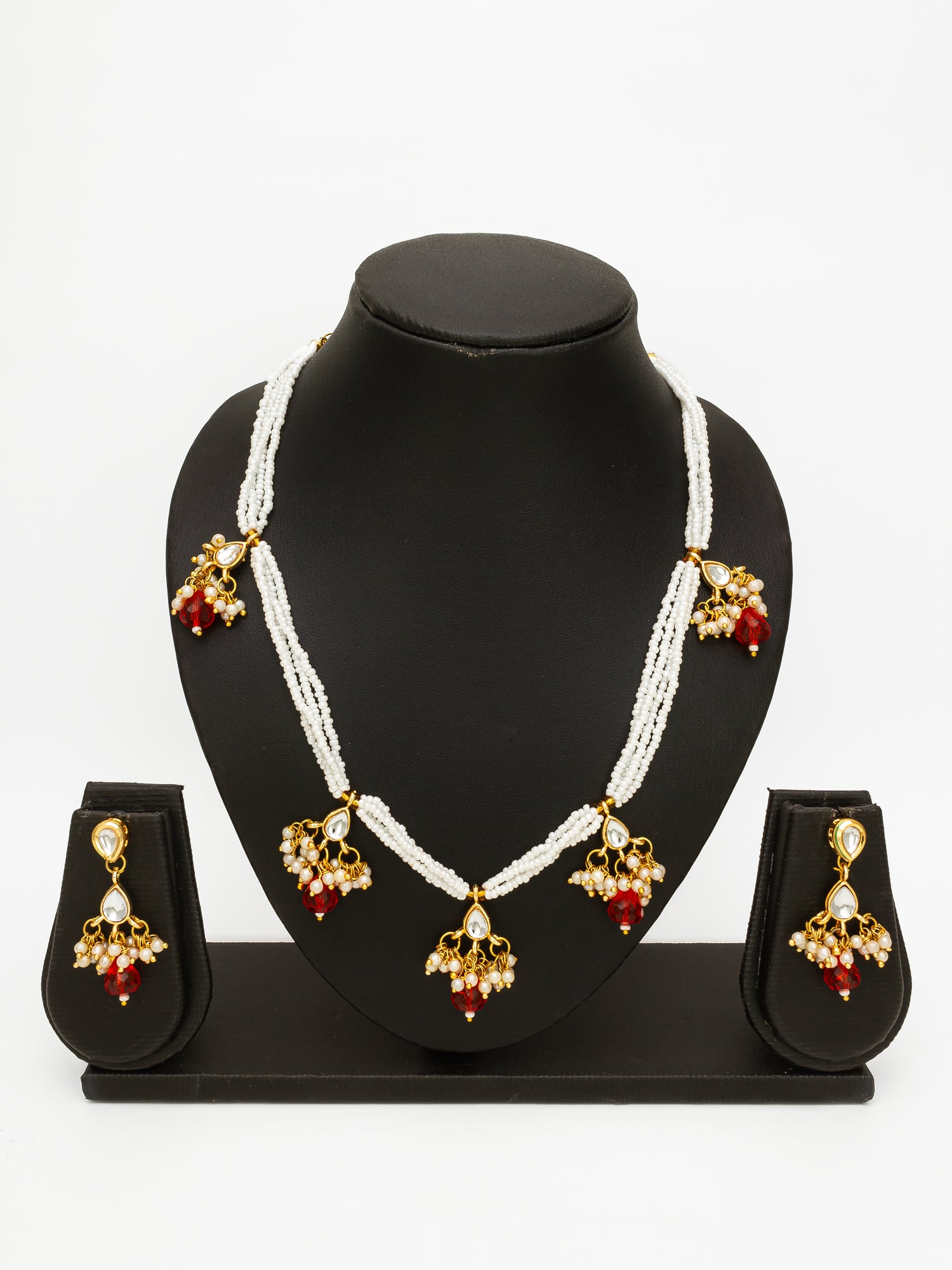 Gold Plated Multistrand Beaded Necklace Set with Kundan and Red Drop Stones – View 4 | Aadita Jewelry