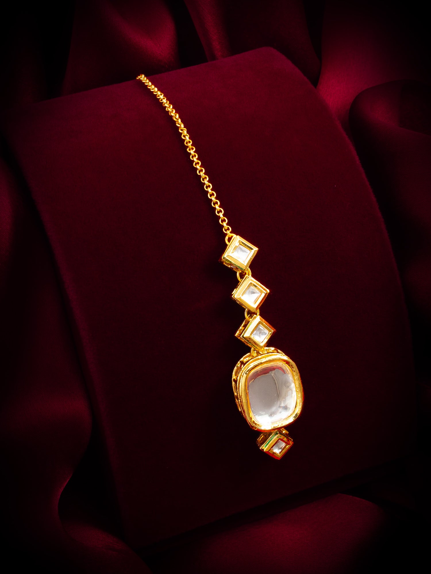 Gold-Tone Kundan Square and Oval  Maang Tikka with Chain – View 5 | Aadita Jewelry