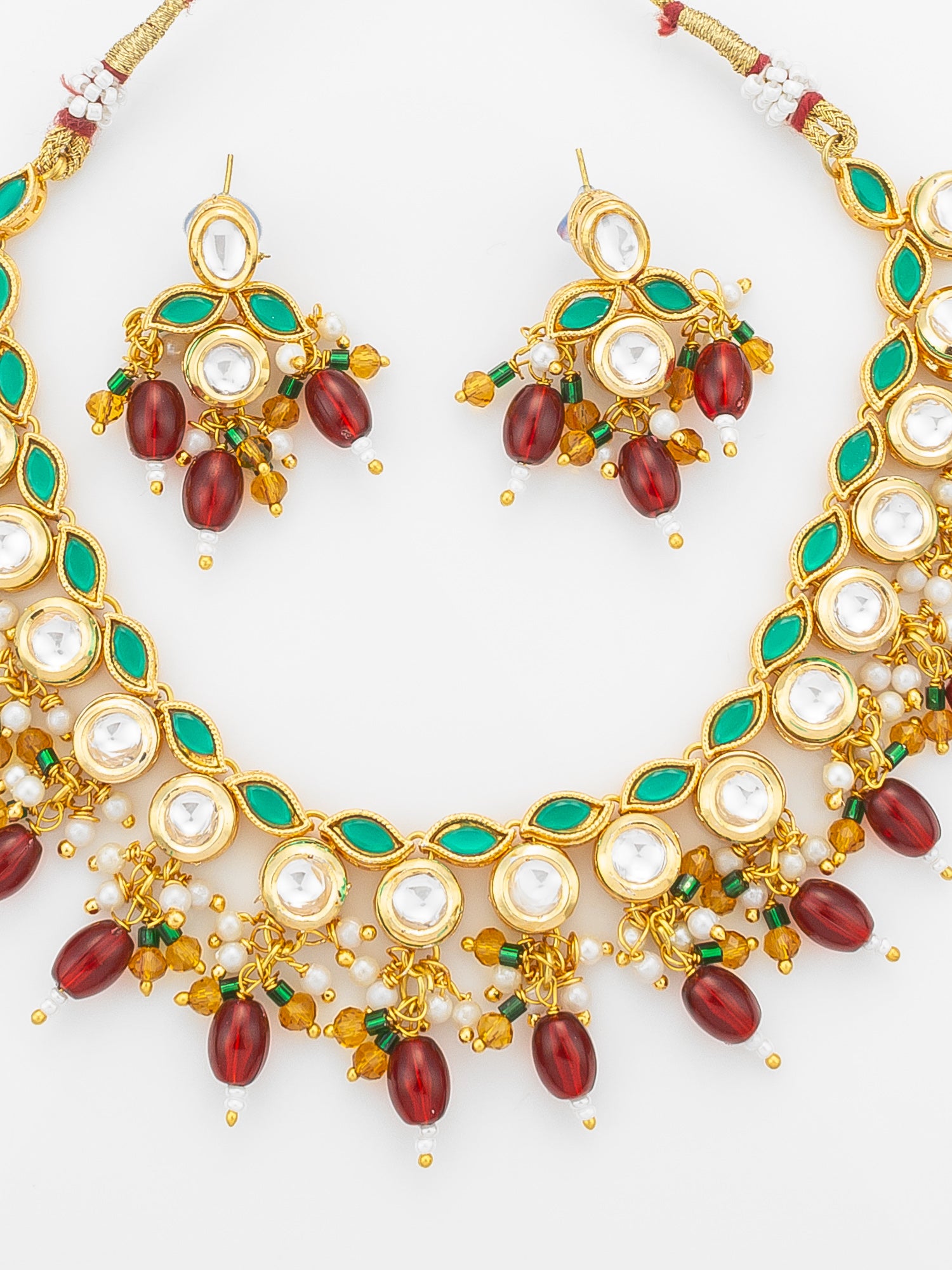 Aadita Gold Plated Kundan Necklace Set with Green Meenakari, Red Beads and Crystal Accents with Earrings – View 4 | Aadita Jewelry