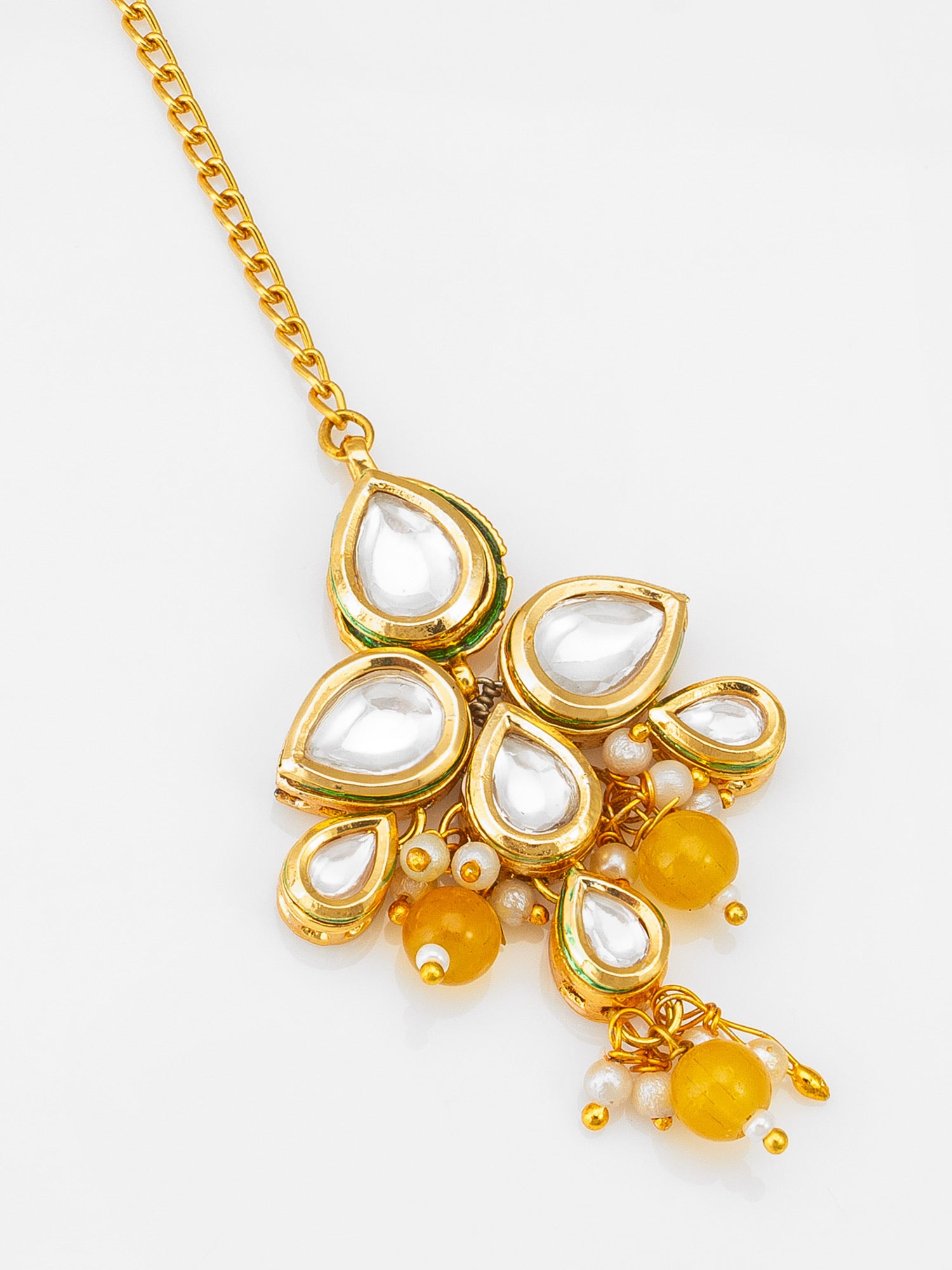 Fashion Yellow Bead Kundan Maang Tikka with Golden Chain – View 3 | Aadita Jewelry
