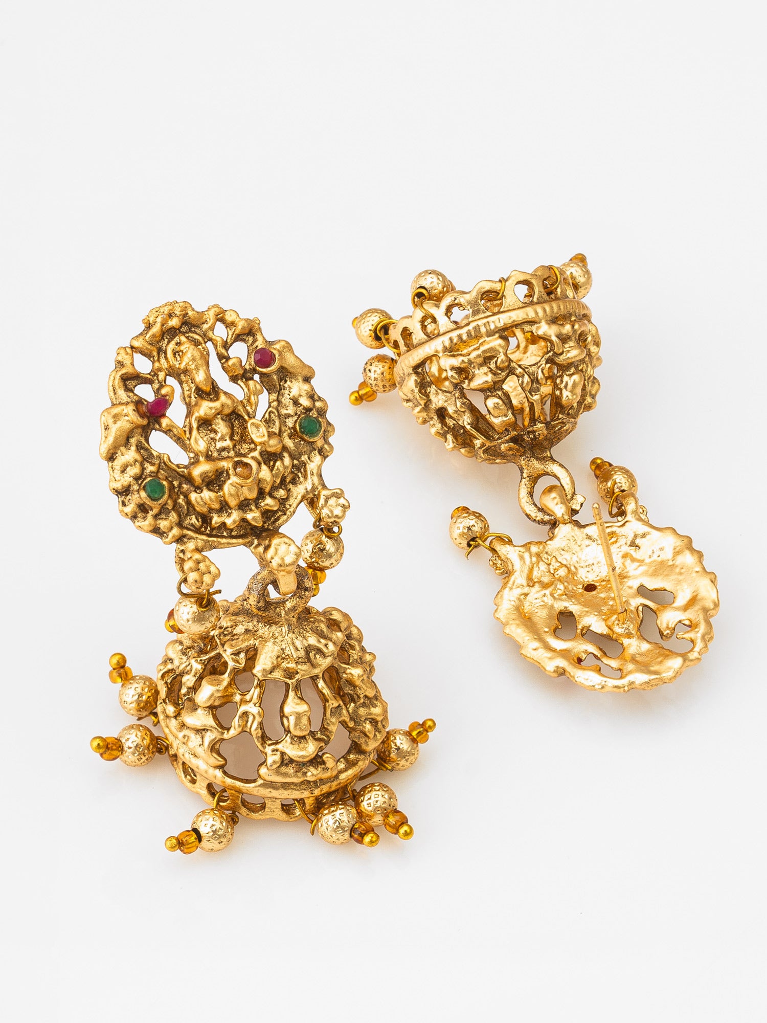 Antique Gold Multi-Strand Lakshmi Temple Necklace Set with Stones and Double Jhumka Earrings – View 4 | Aadita Jewelry