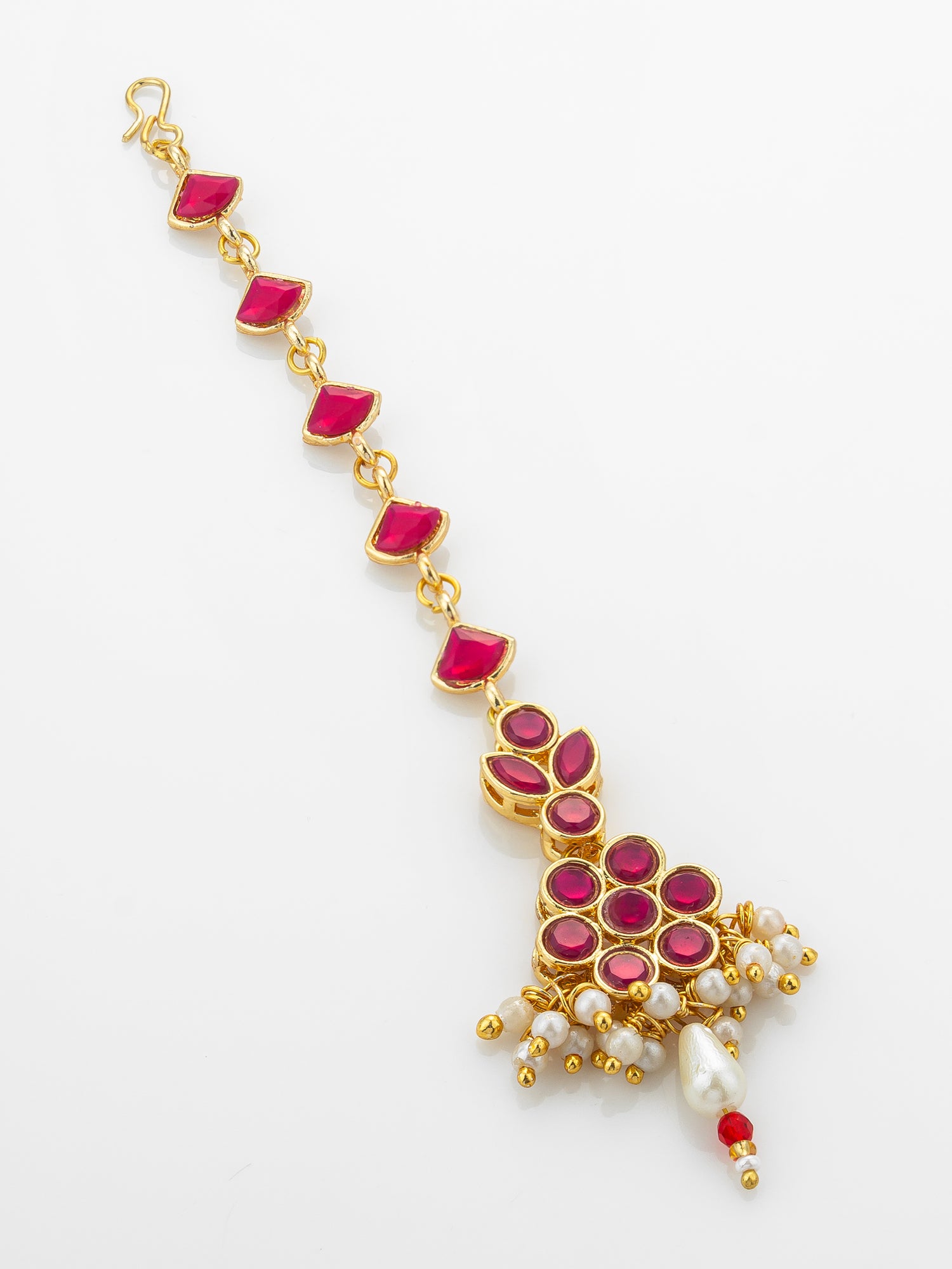 Aadita Gold Plated Ruby Square Chain Mangtika with Floral Cluster Pendant and Pearl Drop Fringe – View 2 | Aadita Jewelry